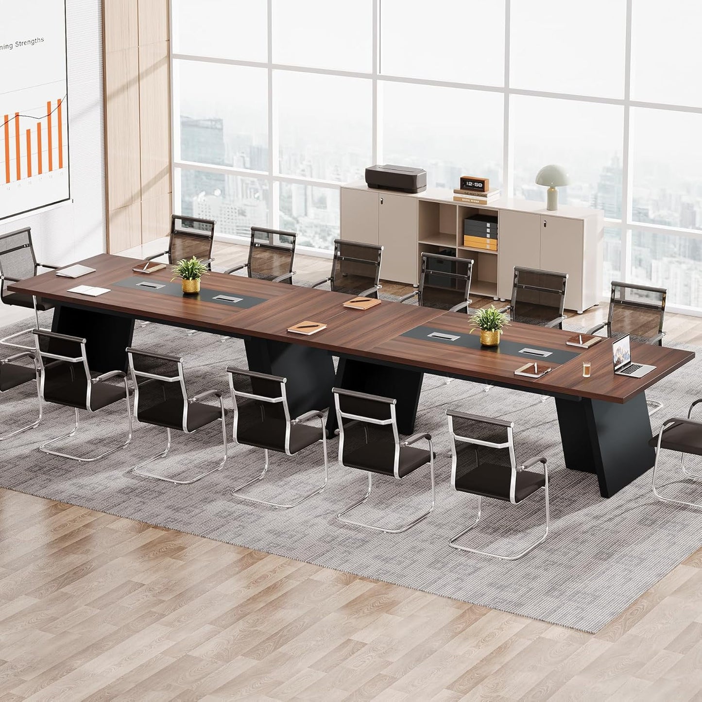 Tribesigns 8ft Conference Room Table, Modern Meeting Desk with Cable Management, Large Conference Table Business Seminar Furniture for Boardroom, Walnut and Black, 1PC