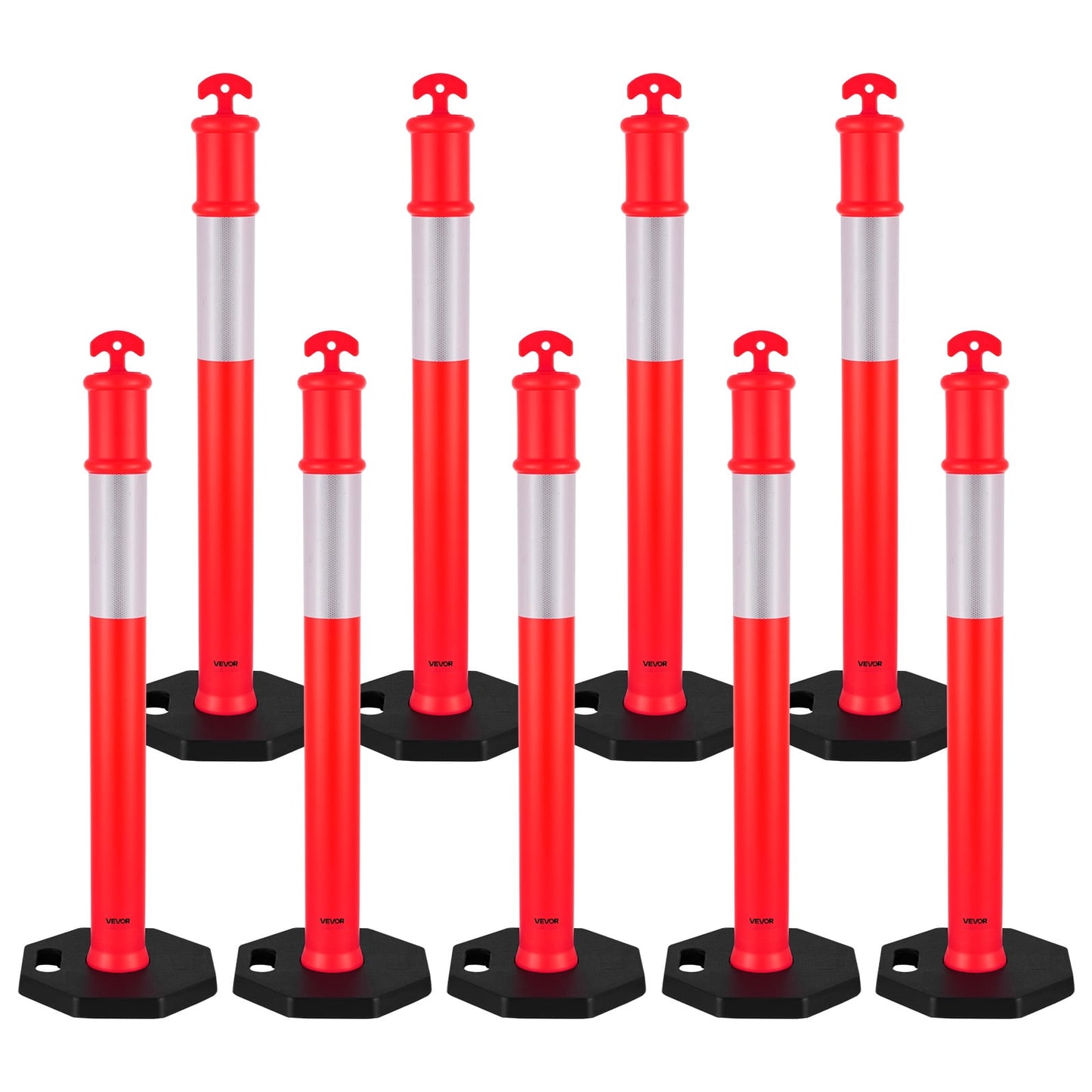 VEVOR 9 Pack Traffic Delineator Posts, 48 inches Traffic Safety Cones with Weighted Base and Reflective Strips, Heavy Duty Delineator Posts for Construction Site, Parking Lot, Crowd Control, Red
