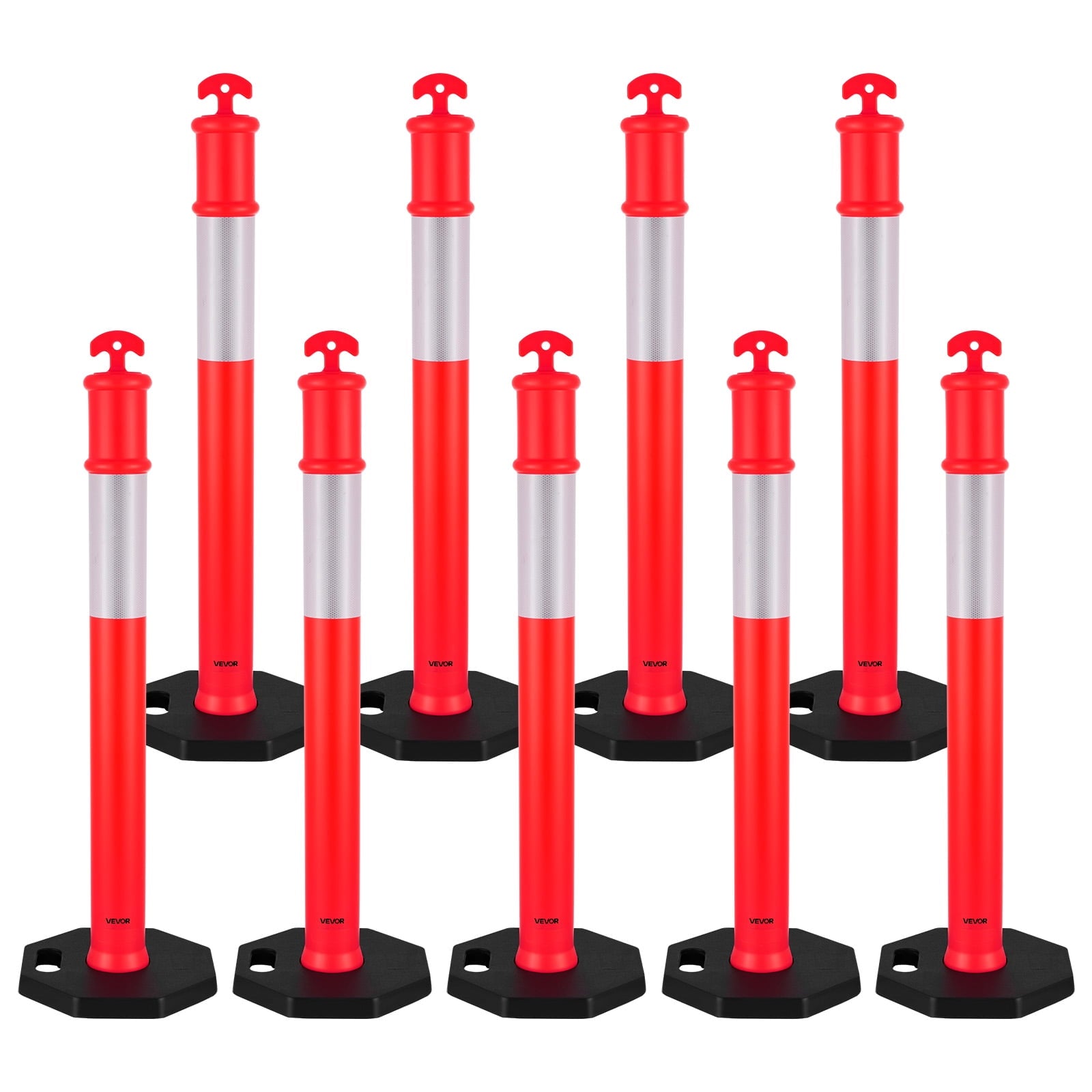 VEVOR 9 Pack Traffic Delineator Posts, 48 inches Traffic Safety Cones with Weighted Base and Reflective Strips, Heavy Duty Delineator Posts for Construction Site, Parking Lot, Crowd Control, Red