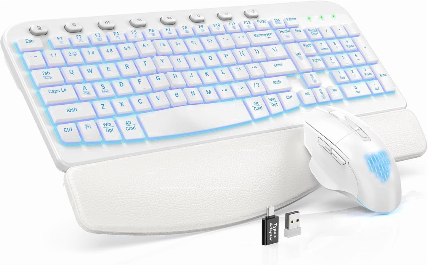 Wireless Keyboard and Mouse Combo - Ergonomic Wave Rechargeable Keyboard with Soft Leather Wrist Rest, RGB Backlit -Black
