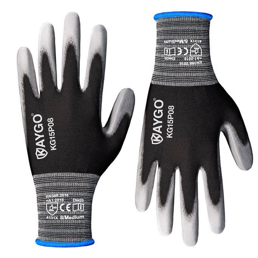 KAYGO Work Gloves PU Coated 12 Pairs, KG15P, Safety Work Gloves Nylon Liner for DIY, Assembly, Warehouse, Light Duty Work