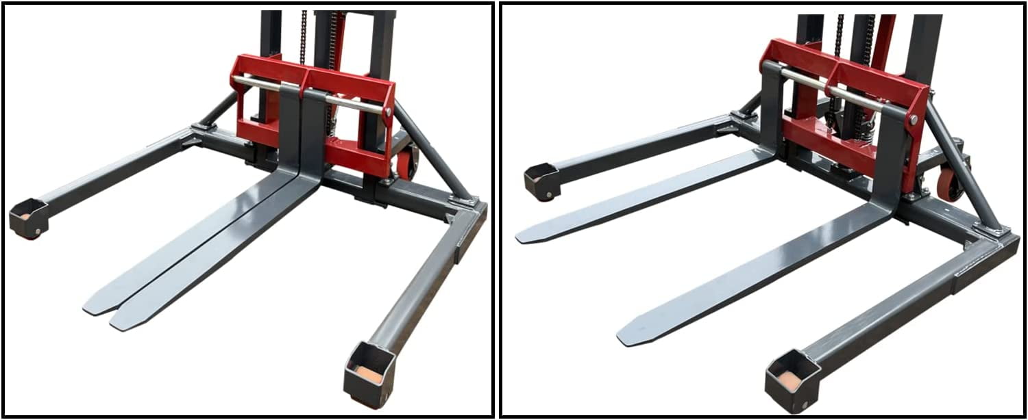 Pake Handling Tools Long Fork Manual Pallet Stacker Hand/Foot Pump Lift Truck Hydraulic Lift with Adjustable Fork and Straddle Legs, 2200 lbs Capacity, Lift Height 63", Fork 45.27" L, Leg 49.2" W