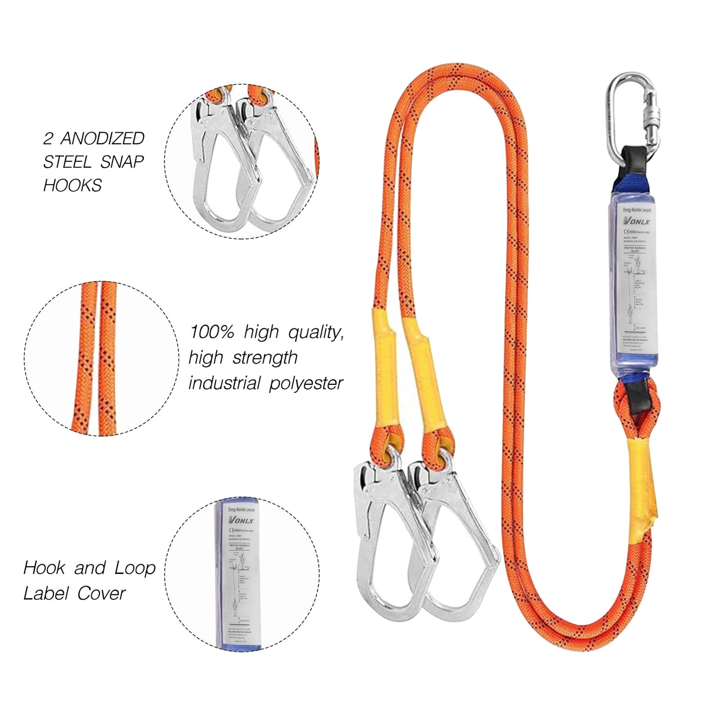 Vonlx Industrial Fall Protection Harness with Shock Absorbing Lanyard, Comfort Pad, and D-Ring, Blue, 1 Piece