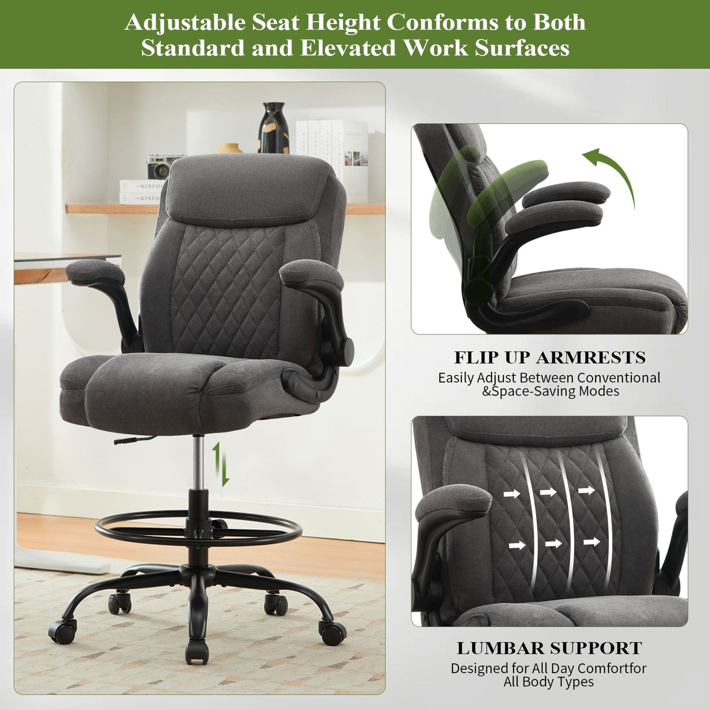 JONPONY Tall Office Chair for Standing Desk, Ergonomic High Office Chair with Adjustable Foot Ring, Flip-Up Armrests, Lumbar Support for Home office ,Dark Gray