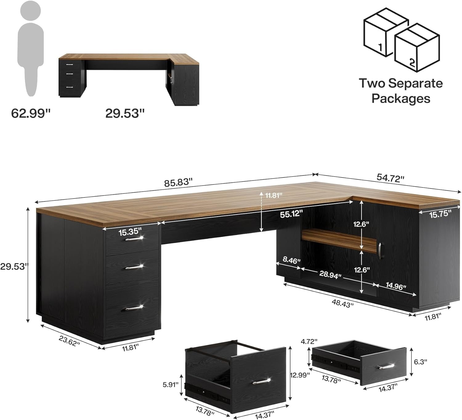 Tribesigns 85.8" L-Shaped Executive Desk, Extra Large Office Desk with File Drawers, Modern Business Furniture with Door Cabinet, Shelves for Home Office, Brown & Black