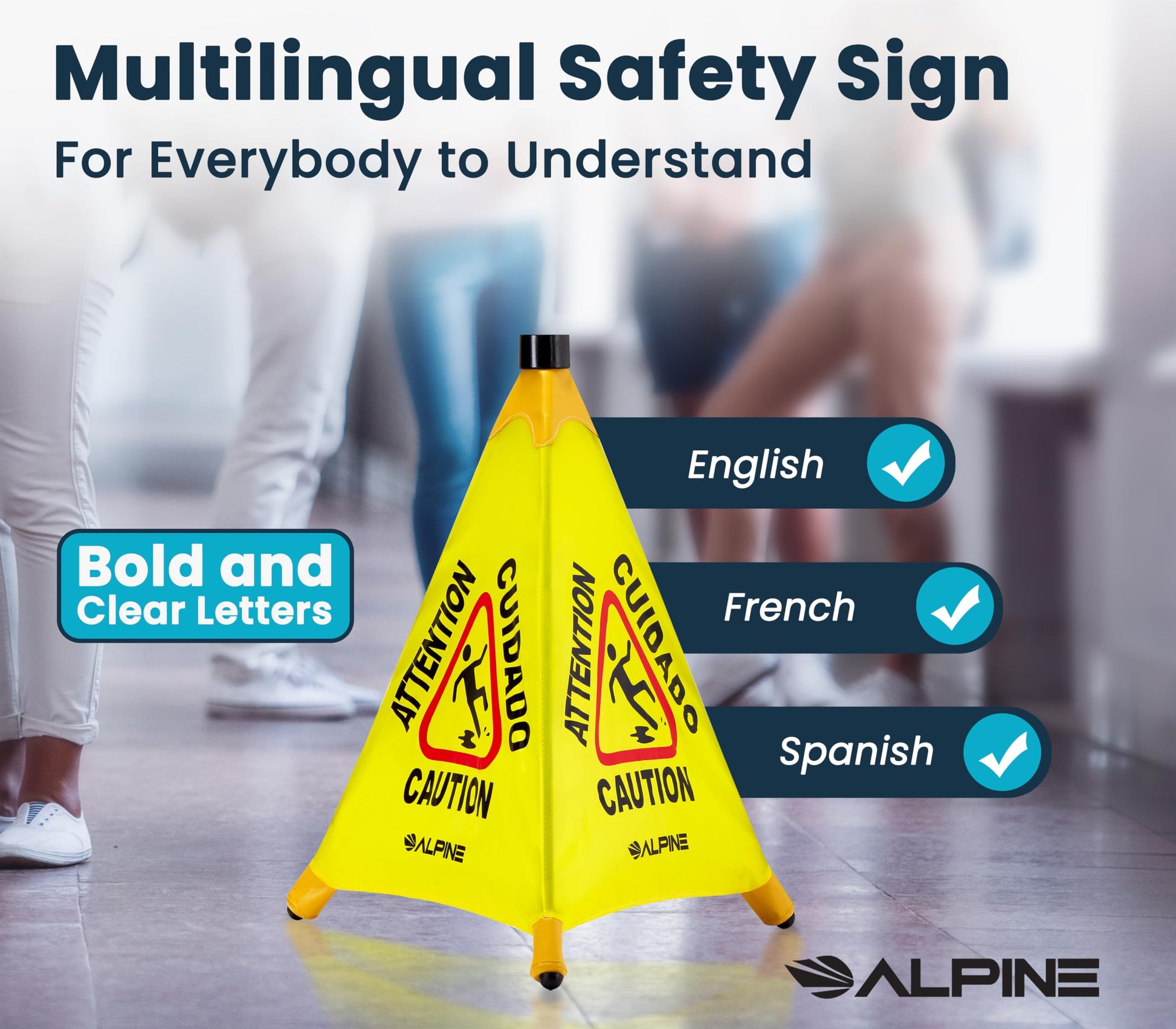 Alpine Caution Wet Floor Sign - Pop Up Slippery When Wet Sign, Wall Mounted Foldable Bilingual Yellow Safety Warning Cone For Commercial & Office Use (20 Inches)