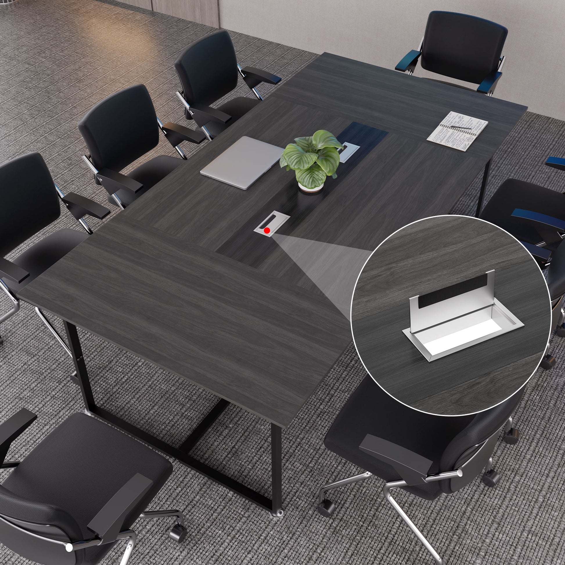 Haooyeah Conference Table 94.4" x 47.2", Large Meeting Desk, Flip-Top Cable Management Box, Double Reinforced Frame, Triangular Support Base, Adjustable Foot Pads, Gray