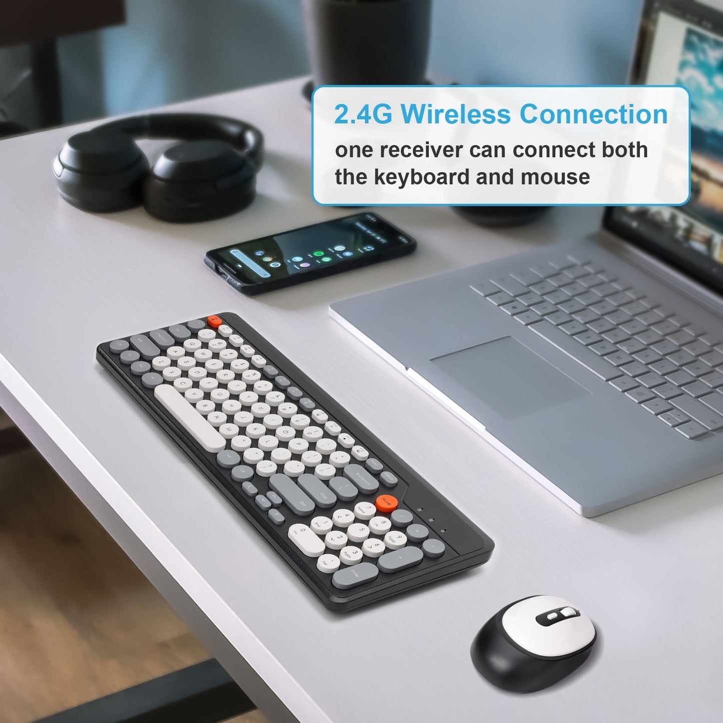 HUO JI Wireless Keyboard and Mouse Combos,USB 2.4GHz Receiver Plug and Play, Mixed Color Round Keycaps Retro Office Keyboards, for Windows, Mac, PC, Laptop, Desktop.(Black Grey)
