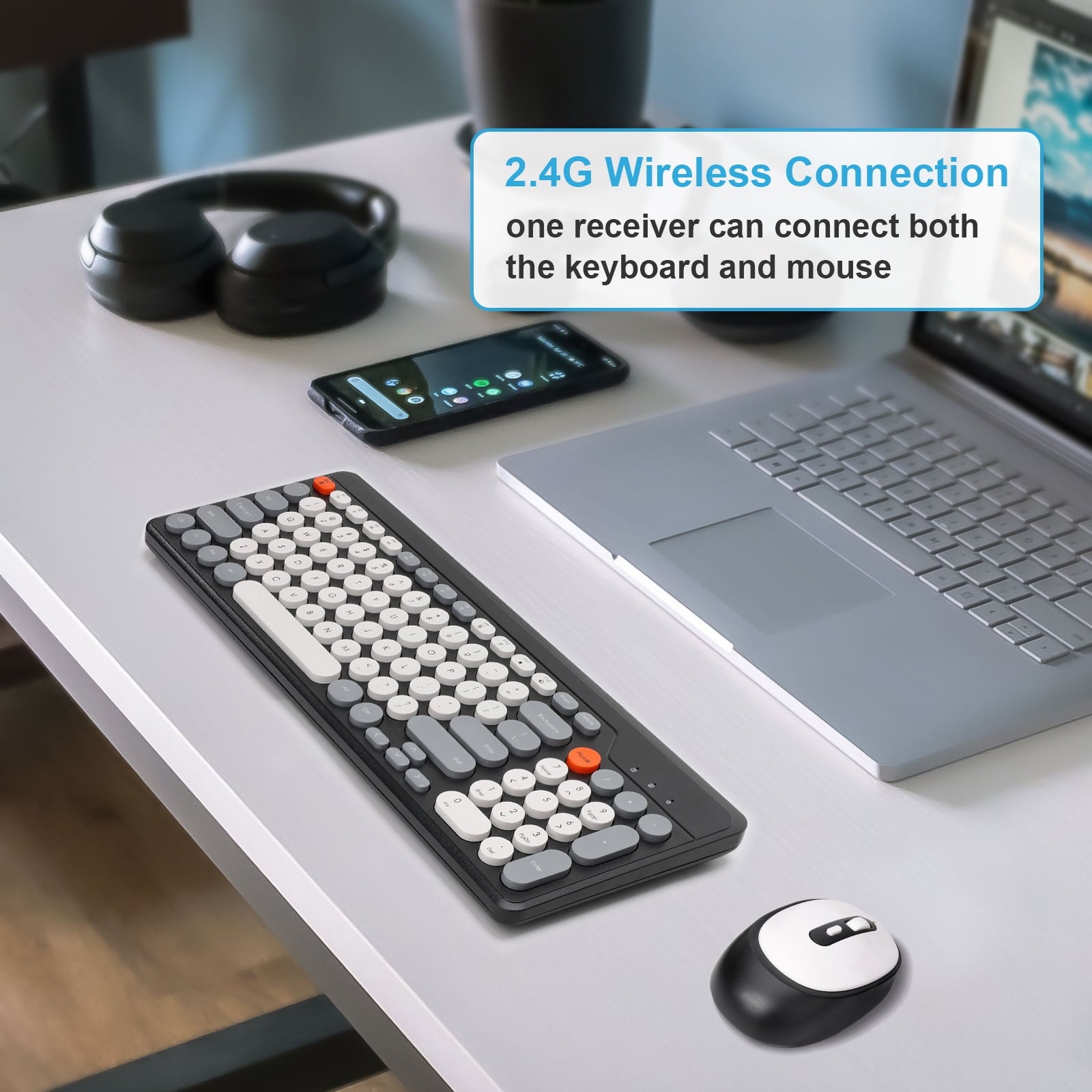 HUO JI Wireless Keyboard and Mouse Combos,USB 2.4GHz Receiver Plug and Play, Mixed Color Round Keycaps Retro Office Keyboards, for Windows, Mac, PC, Laptop, Desktop.(Black Grey)