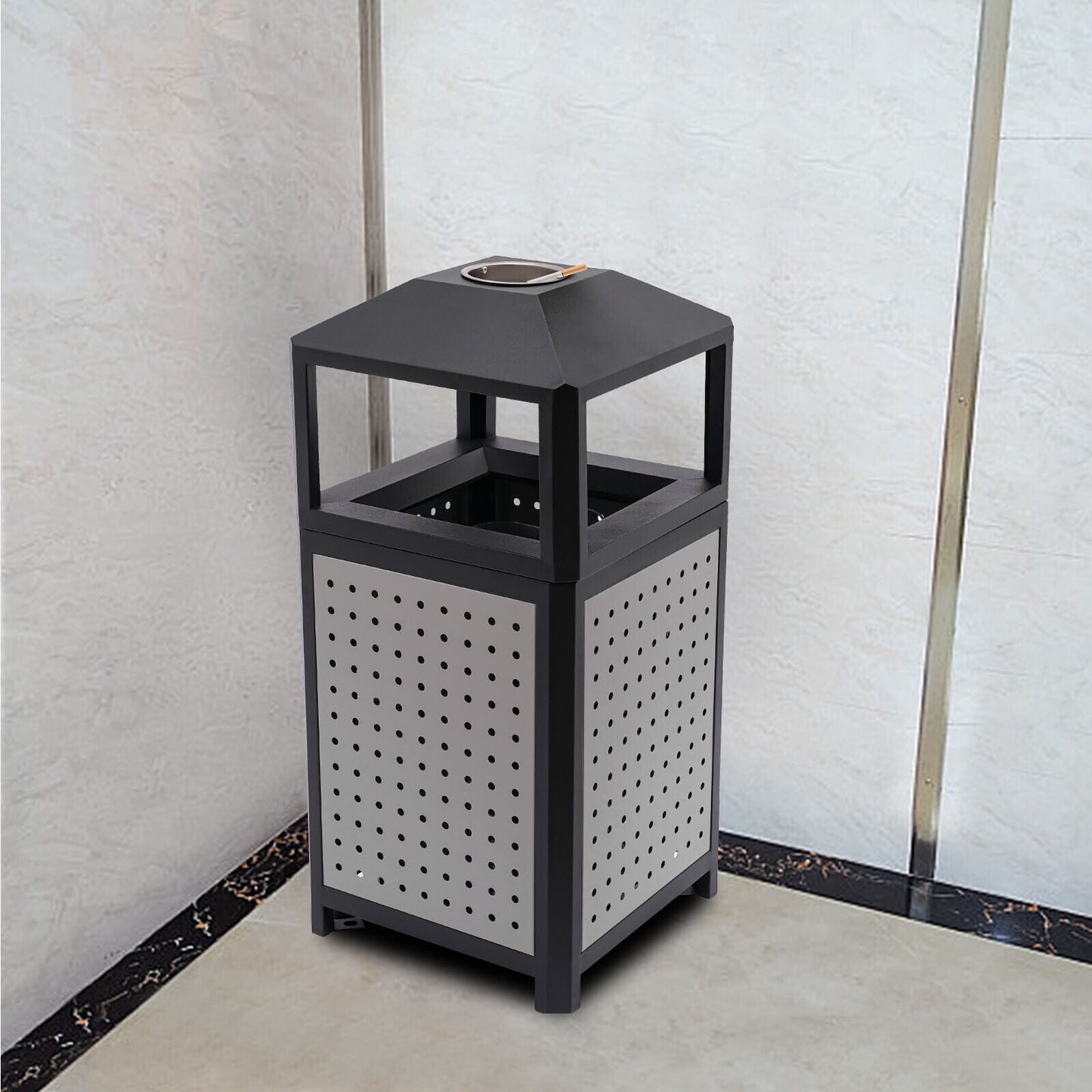 Industrial 15 Gallon Trash Can, Commercial Outdoor Waste Container Galvanized Steel Garbage Can for Indoor Outdoor Use, Grey Trash Receptacle Garbage Enclosure with Ashtray for Kitchen