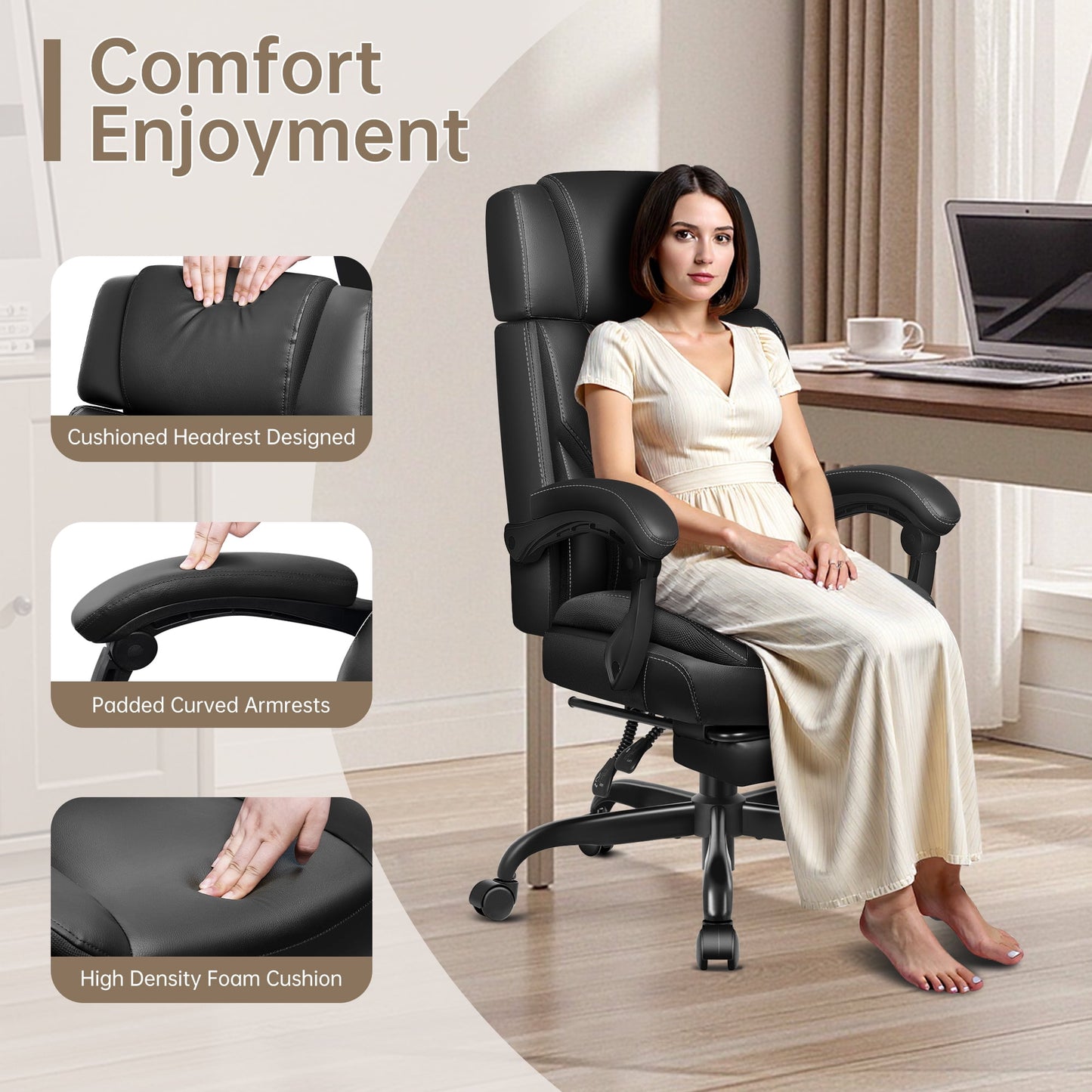 FASTES Big and Tall Ergonomic Office Chair with Footrest - Leather Computer Desk Chair, Reclining High Back Ergonomic Chair with Adjustable Headrest & Lumbar Support, Black