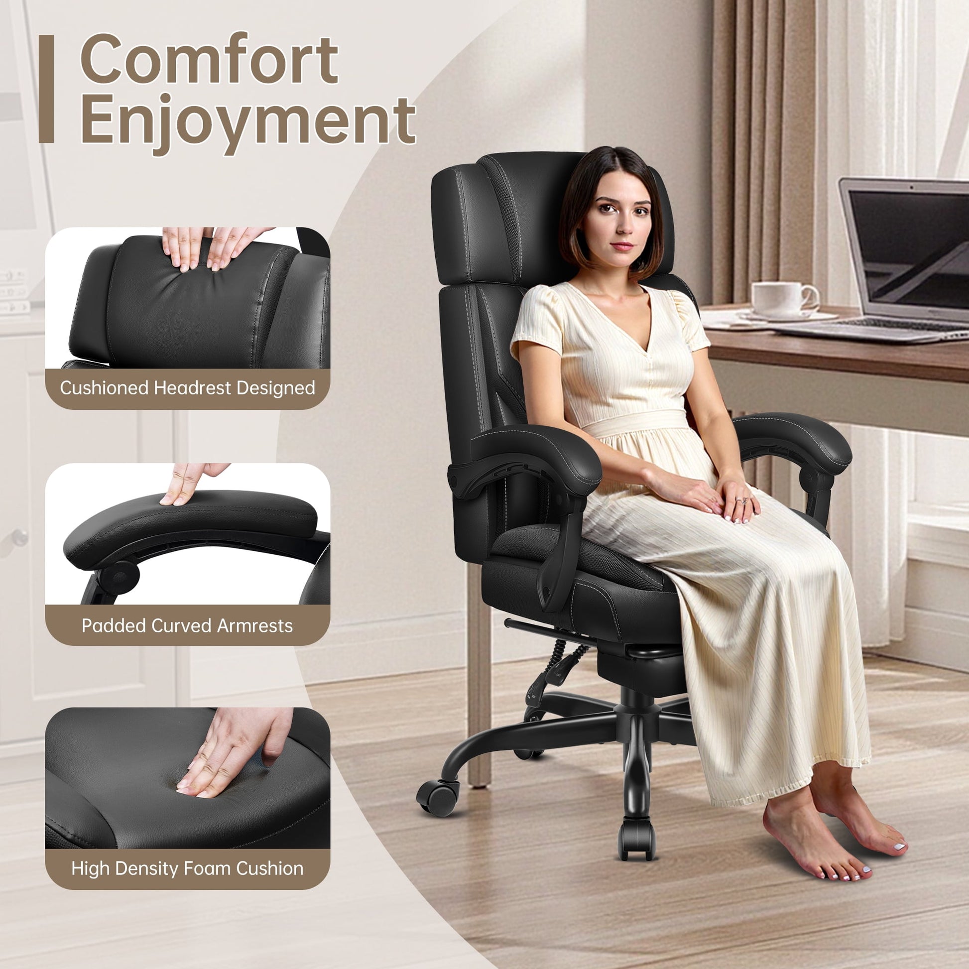 FASTES Big and Tall Ergonomic Office Chair with Footrest - Leather Computer Desk Chair, Reclining High Back Ergonomic Chair with Adjustable Headrest & Lumbar Support, Black