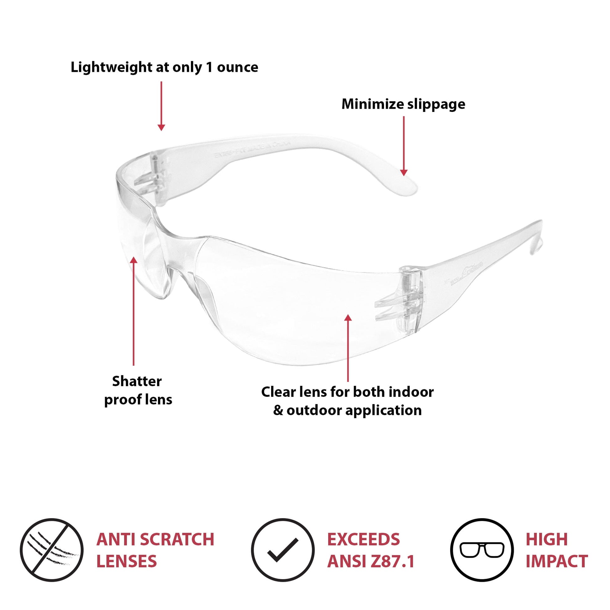 Bison Life Clear Safety Glasses, Pack of 12, ANSI Z87.1 Scratch & Impact Resistant, Polycarbonate Lens, One Size, Wrap Around Eyewear