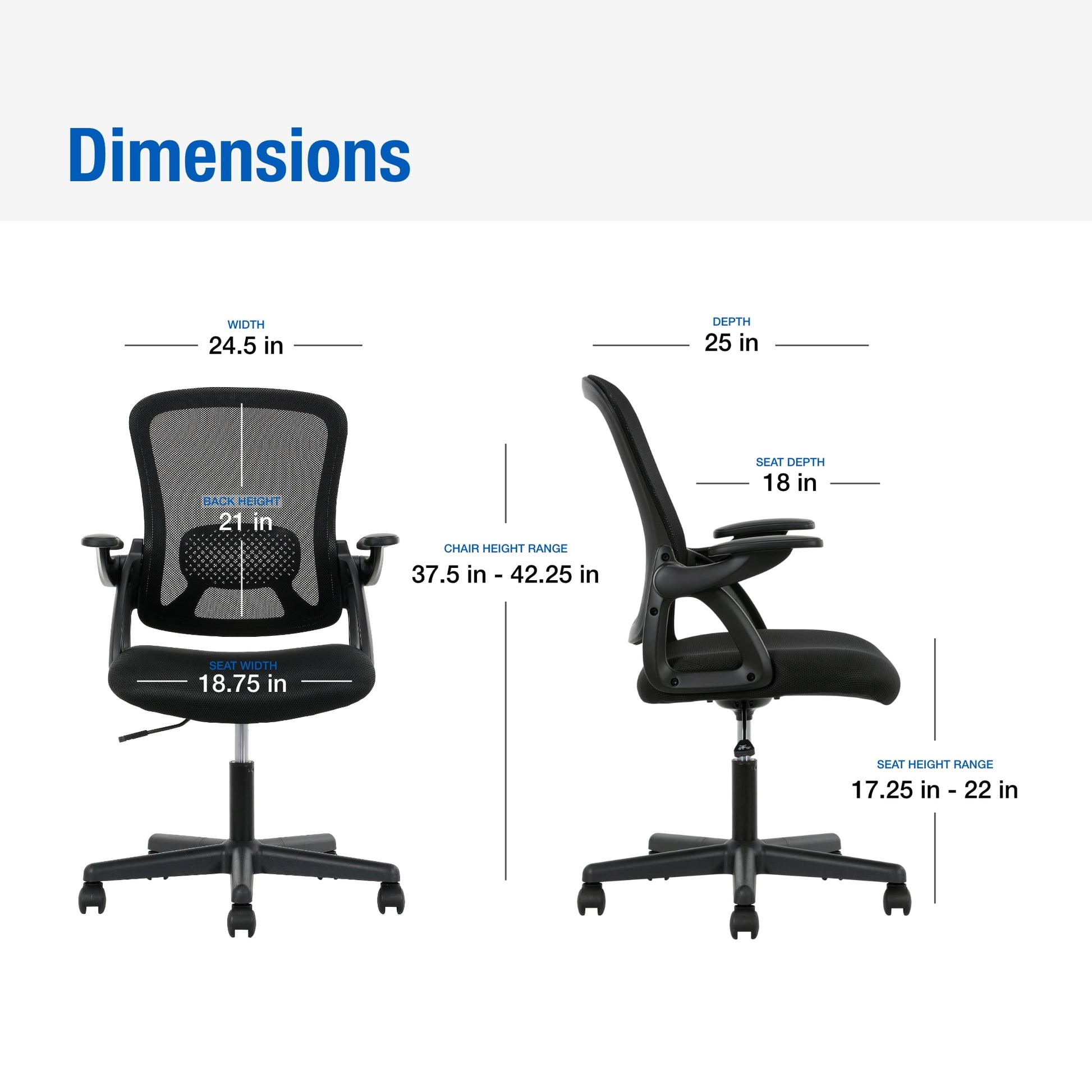 Mainstays Ergonomic Mesh Back Office Chair with Flip Up Arms for Adults, Black Fabric, 275lb