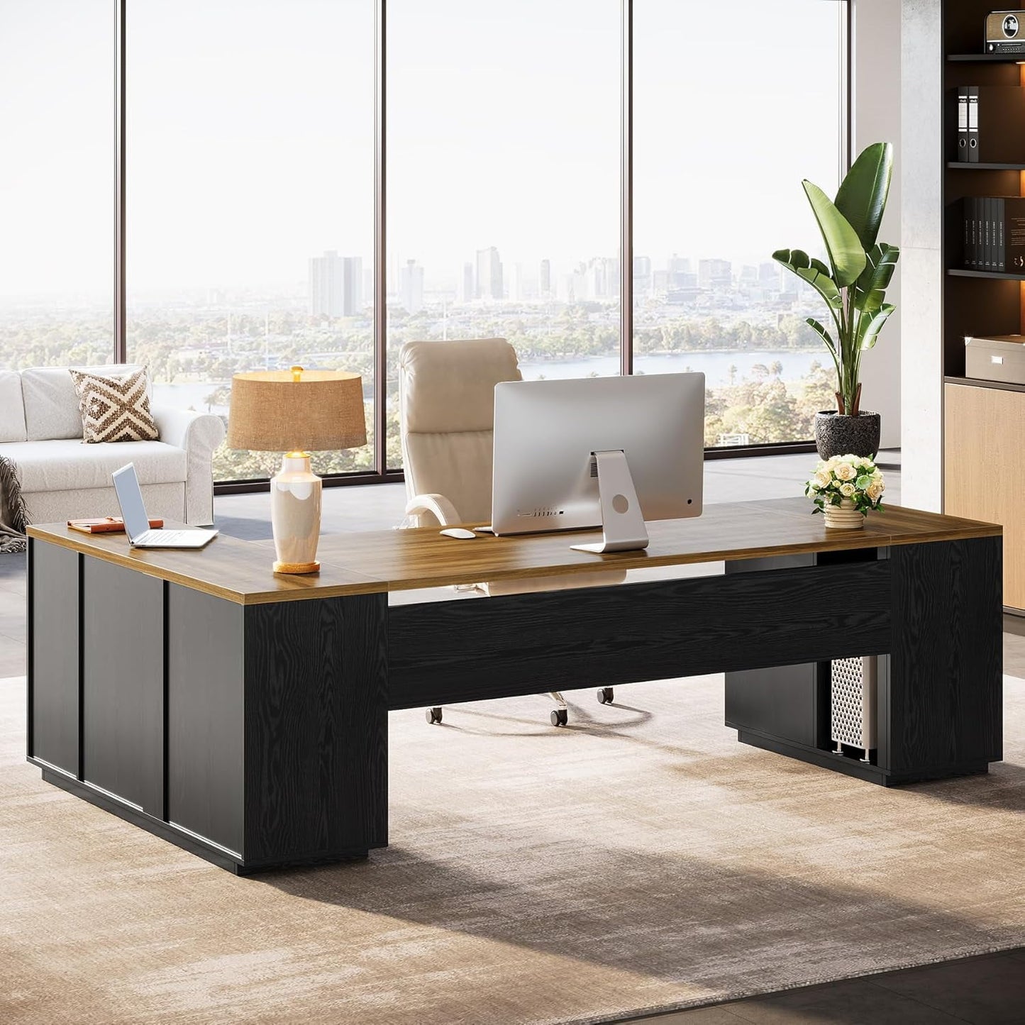 Tribesigns 85.8" L-Shaped Executive Desk, Extra Large Office Desk with File Drawers, Modern Business Furniture with Door Cabinet, Shelves for Home Office, Brown & Black
