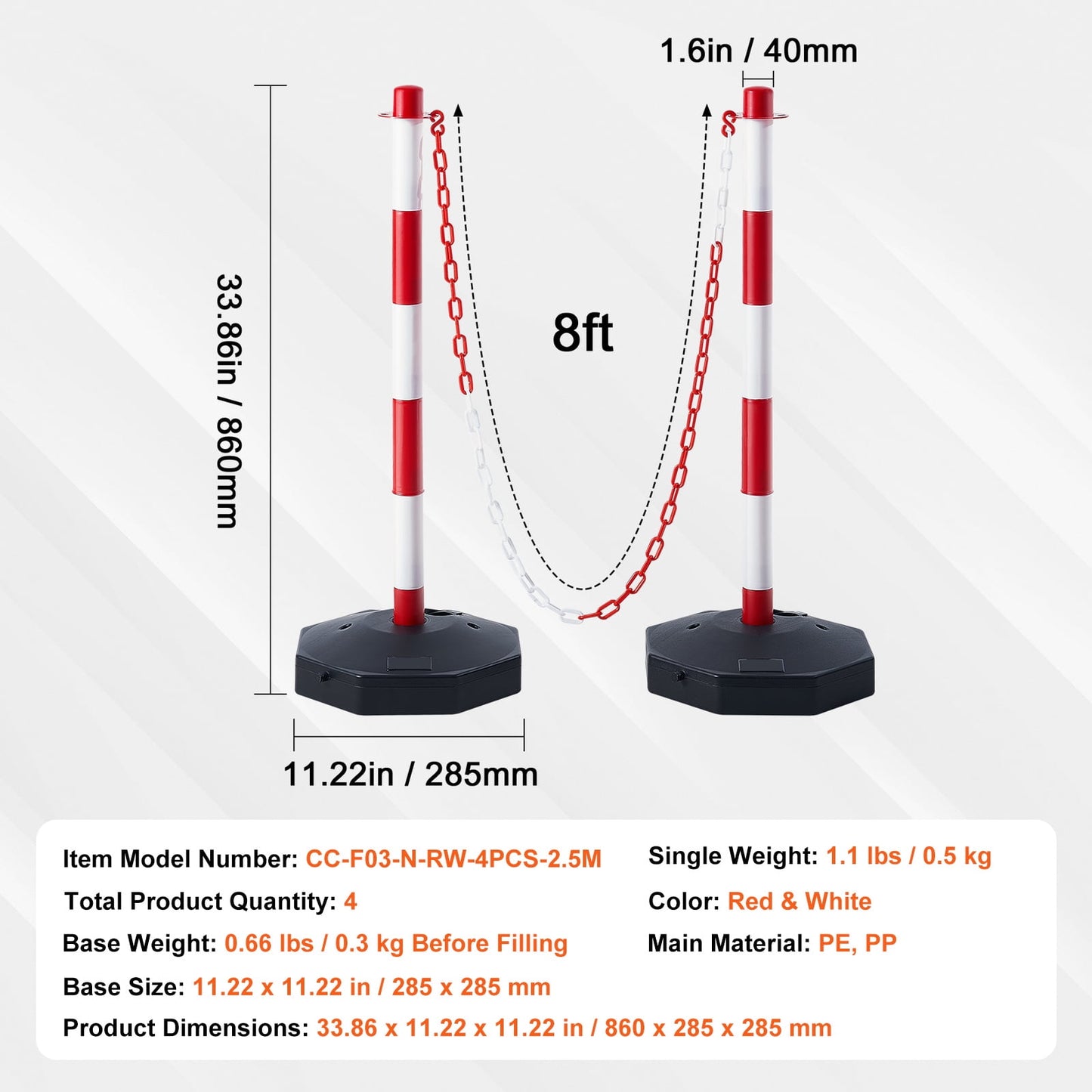 KFFKFF Movable Traffic Guide Post Cones, Set of 4, Safety Traffic Barrier with Loadable Base and 8FT Chain, Suitable for Traffic Regulation, Parking Area, Construction Warning, Roadway Caution