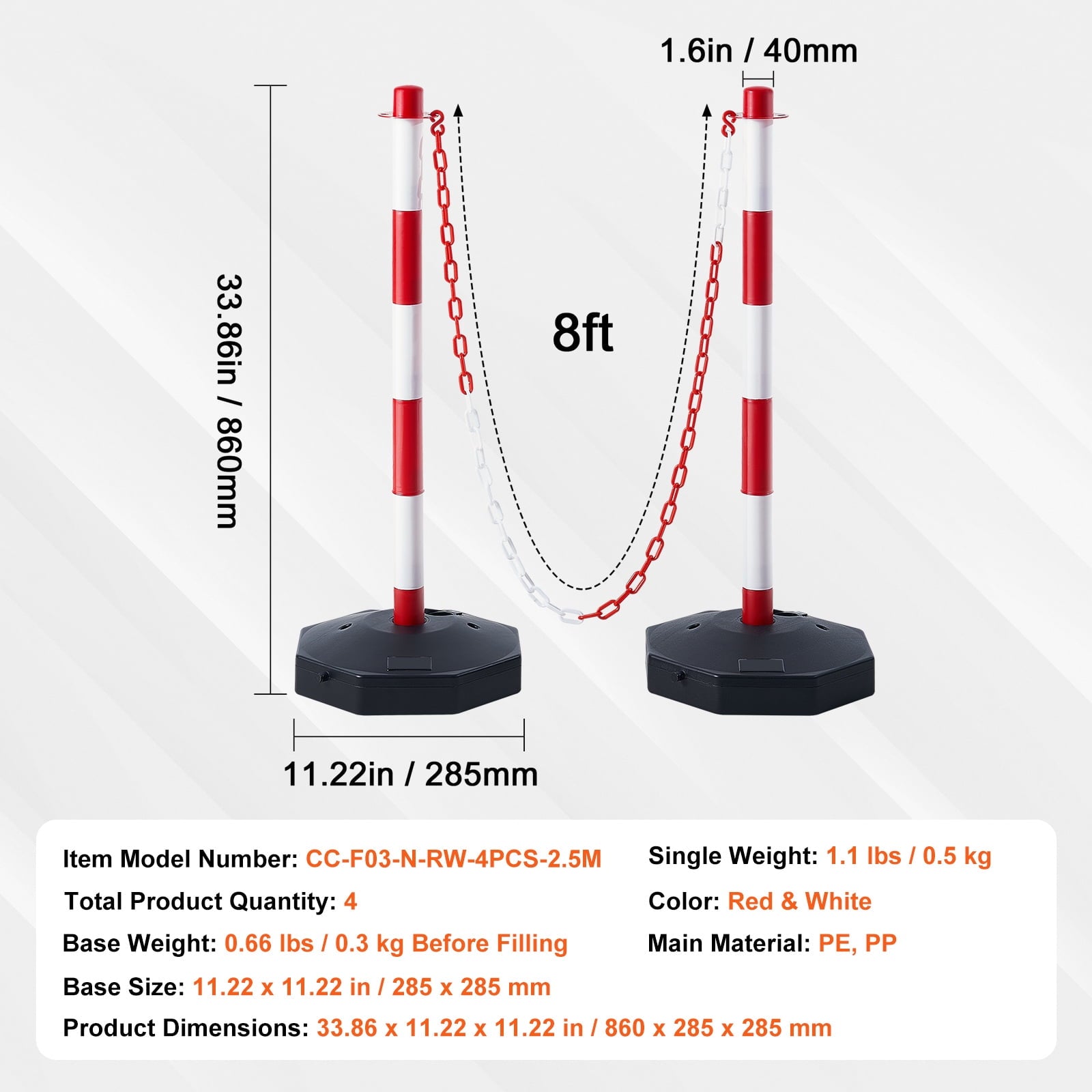 KFFKFF Movable Traffic Guide Post Cones, Set of 4, Safety Traffic Barrier with Loadable Base and 8FT Chain, Suitable for Traffic Regulation, Parking Area, Construction Warning, Roadway Caution