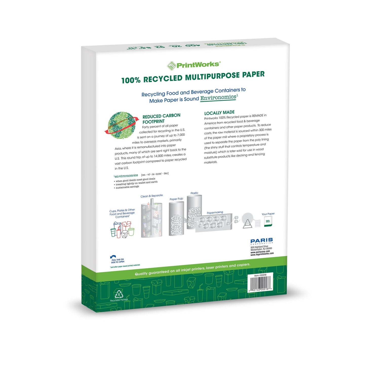 Printworks 100% Recycled Multipurpose Paper, 20 LB, 92 Bright, 8.5 x 11 Inches, 2400 shts/Carton, 80 ctns/Pallet