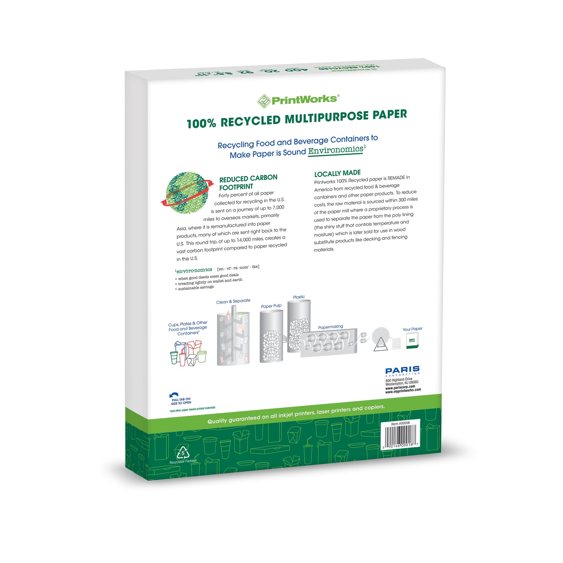 Printworks 100% Recycled Multipurpose Paper, 20 LB, 92 Bright, 8.5 x 11 Inches, 2400 shts/Carton, 80 ctns/Pallet