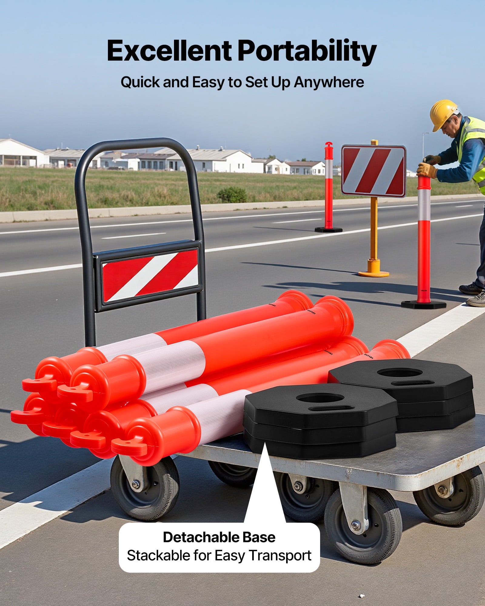 VEVOR 9 Pack Traffic Delineator Posts, 48 inches Traffic Safety Cones with Weighted Base and Reflective Strips, Heavy Duty Delineator Posts for Construction Site, Parking Lot, Crowd Control, Red
