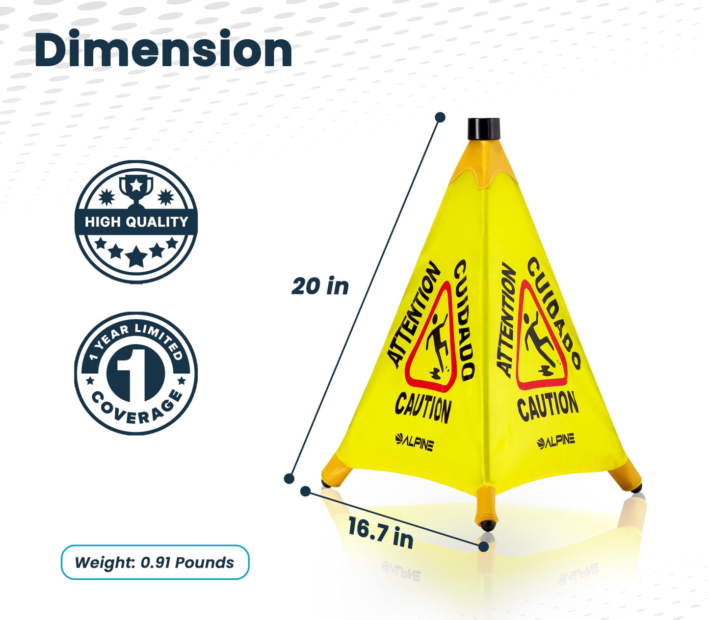 Alpine Caution Wet Floor Sign - Pop Up Slippery When Wet Sign, Wall Mounted Foldable Bilingual Yellow Safety Warning Cone For Commercial & Office Use (20 Inches)
