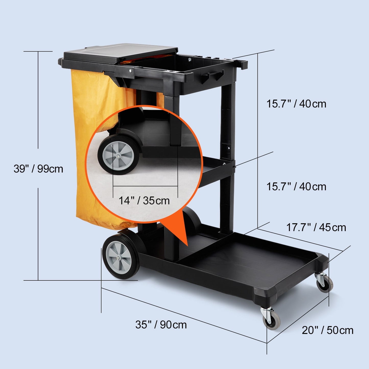 VEVOR Commercial Janitorial Janitor Cart 3-Shelf 200 lbs Janitorial Trolley Cleaning Cart with 25 Gallons PVC Bag and Cover for Housekeeping