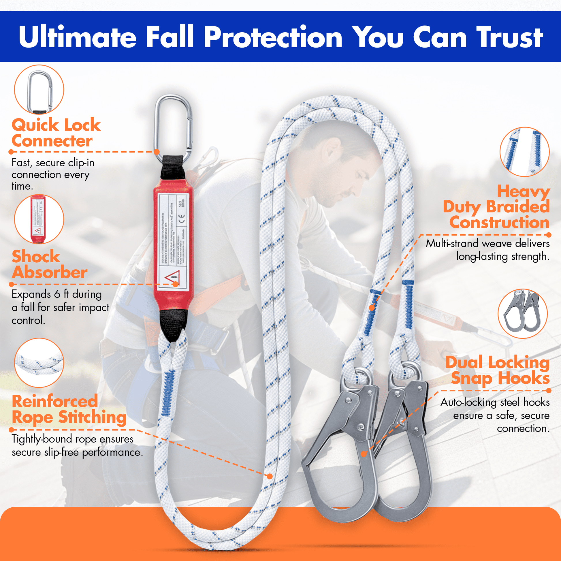 Safety Harness Fall Protection, Full Body Roofing Harness with Shock Absorbing Lanyard, Fall Protection Harness Kit, Construction Harness for Men