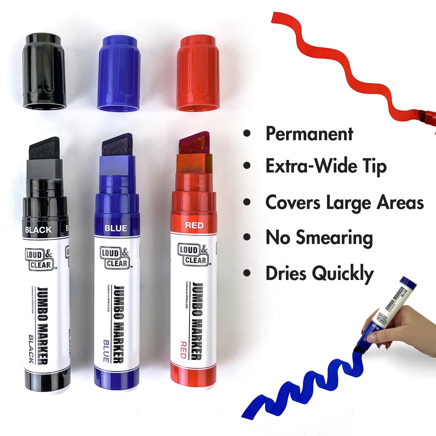 Loud & Clear -Jumbo Permanent Markers - Extra Wide Chisel Tip Marker 3pc Multi-pack, (Black, Red, Blue)