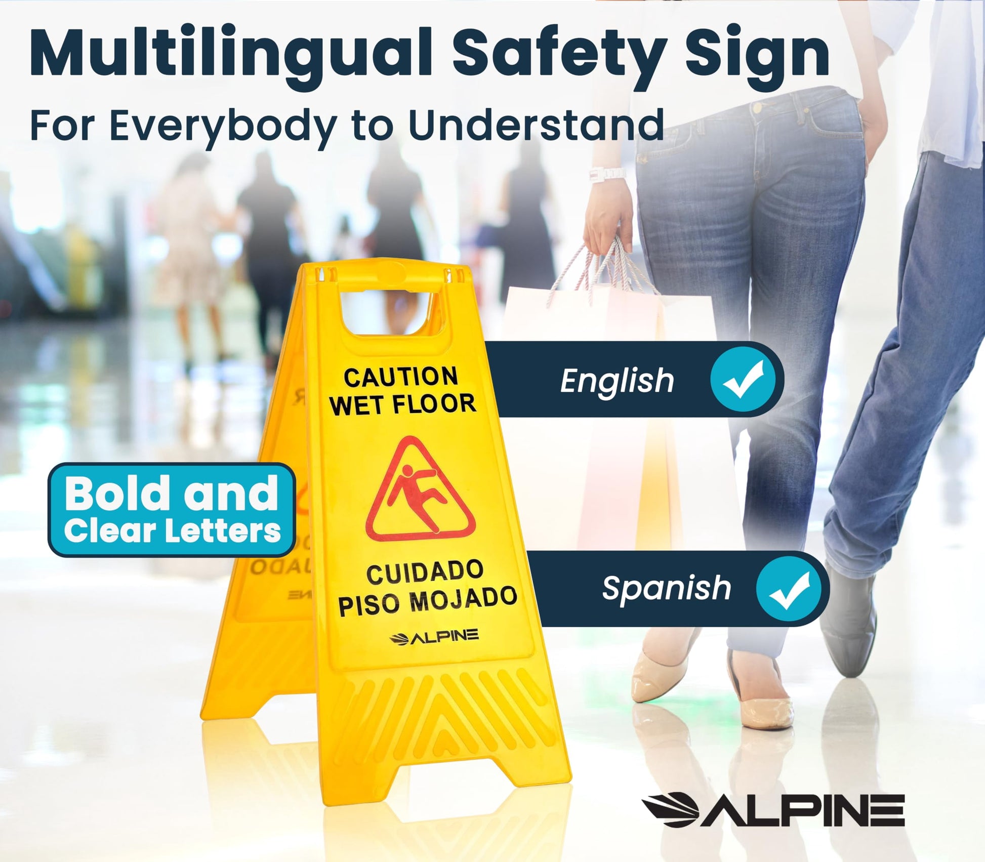 Alpine Wet Floor Signs 3 Pack - 24 Inch Caution Wet Floor Sign - Bilingual Safety Warning Sign to Easily Avoid Slippery Accidents in High Traffic Areas