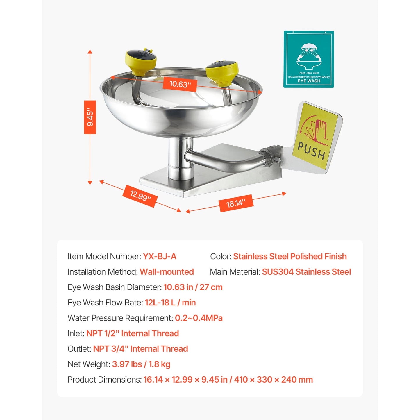 KFFKFF Emergency Eye Wash Station, Stainless Steel Wall-Mounted Eyewash Unit, First Aid Eye Wash Sink 16.14 x 12.99 x 9.45 Inches, Suitable for Laboratories, Factories, Schools, Construction Sites