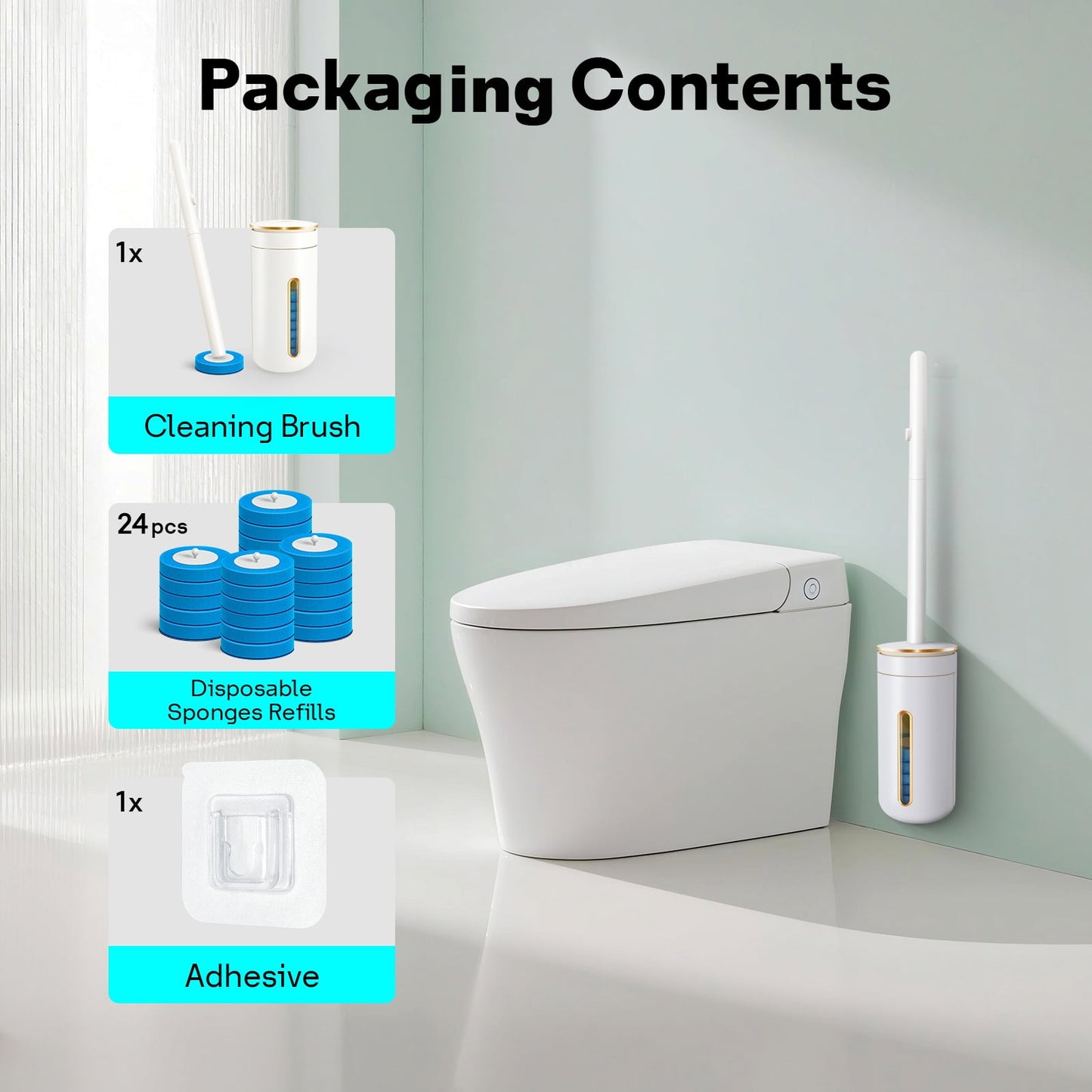Toilet Bowl Brush，Disposable Toilet Brush with Refill Heads, Wall-Mounted Cleaning System, Storage Caddy, and 24 Scrubbing Pads