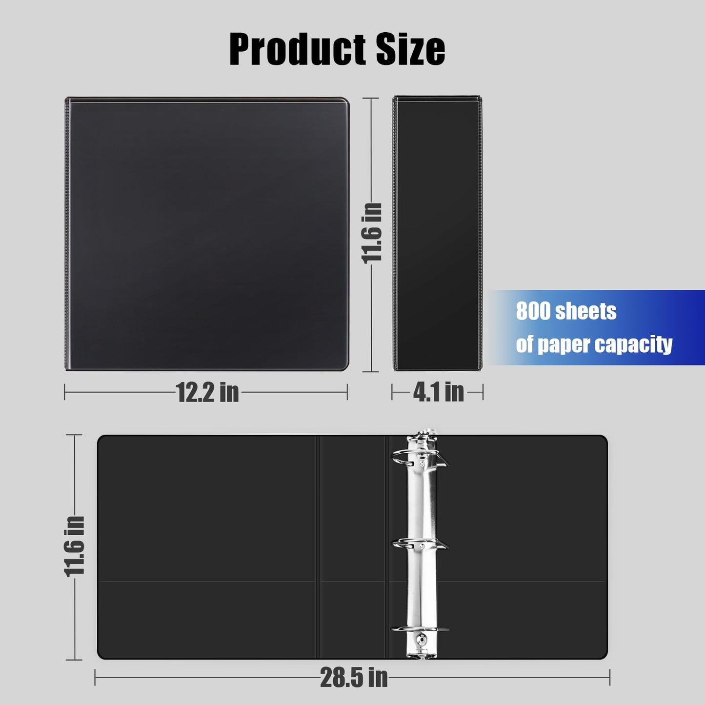 Comix Heavy-duty 4 Inch 3 Ring Binder with Clear Cover,D Ring, 835 Sheets Capacity, Office School Supplies, 2-Pack Black