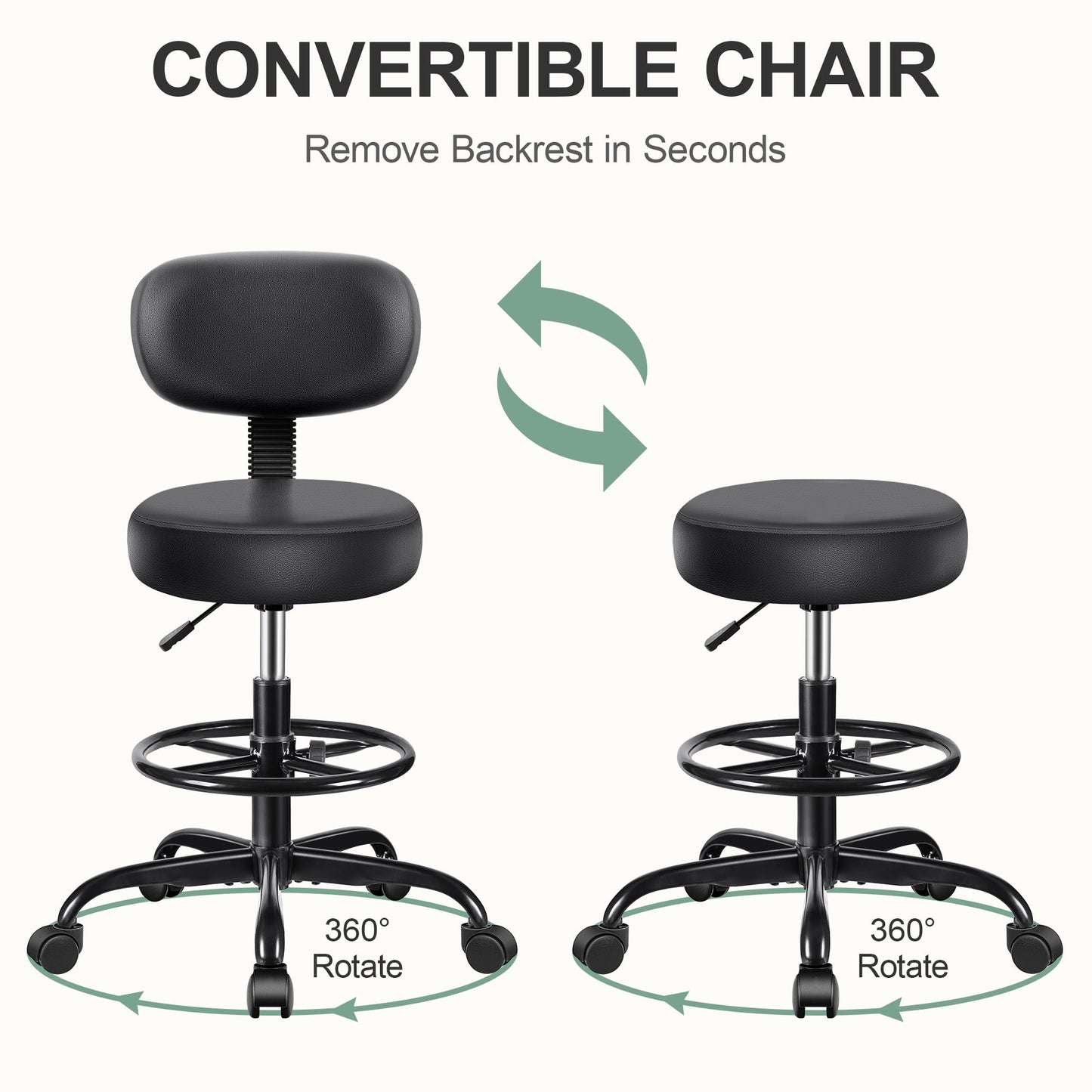 Primy Drafting Office Chair with Backrest - Adjustable Rolling Stool | Armless Office & Bar Height Chair | PU Leather with Thick Cushion | for Home, Office, Salon, Kitchen, Shop, Black