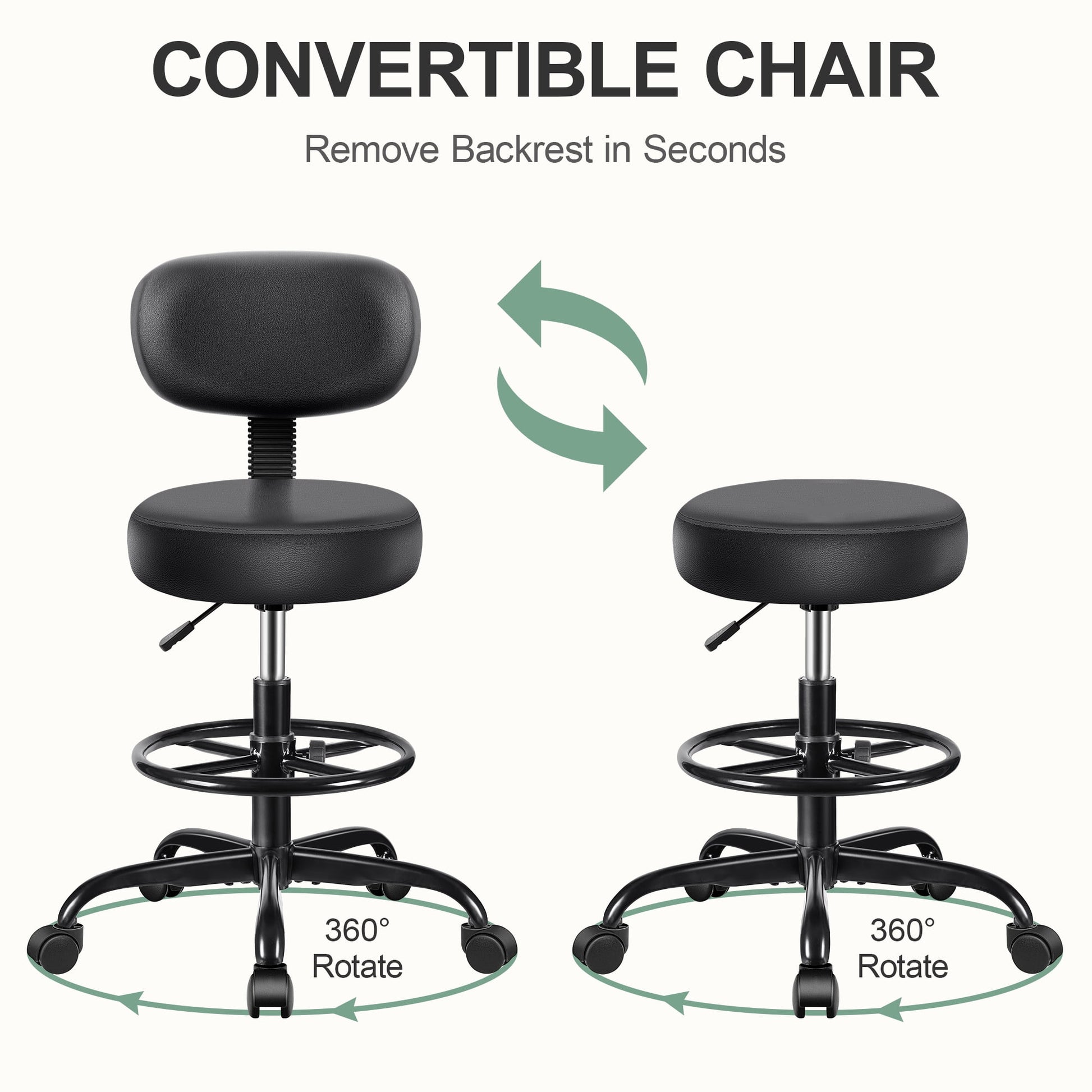 Primy Drafting Office Chair with Backrest - Adjustable Rolling Stool | Armless Office & Bar Height Chair | PU Leather with Thick Cushion | for Home, Office, Salon, Kitchen, Shop, Black