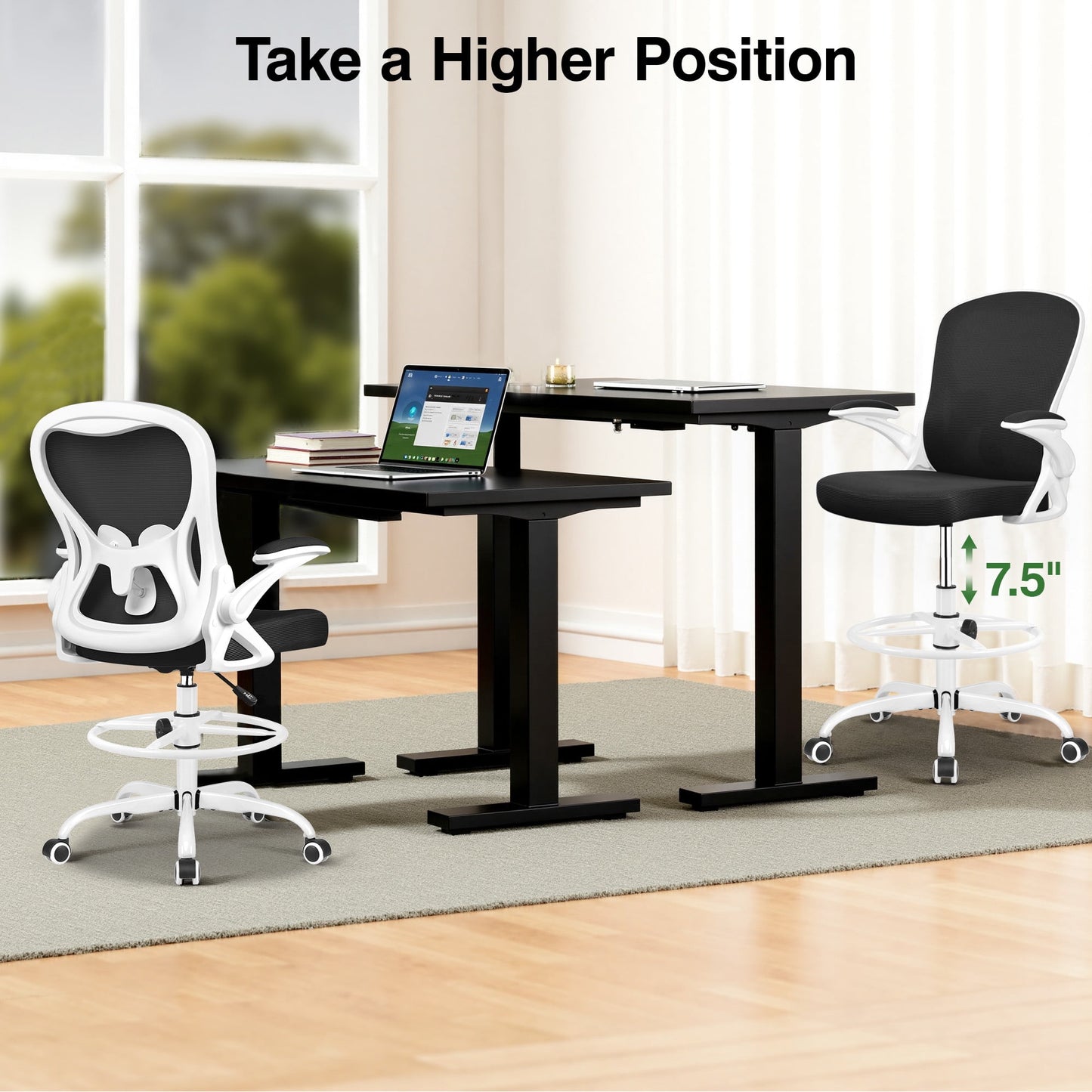 ATHOPE Ergonomic Office Chair, Mesh Desk Chair with Lumbar Support, Tall Office Chair with Flip-Up Armrests and Footrest Ring, Adjustable Computer Chair for Standing Desk Home Office, White