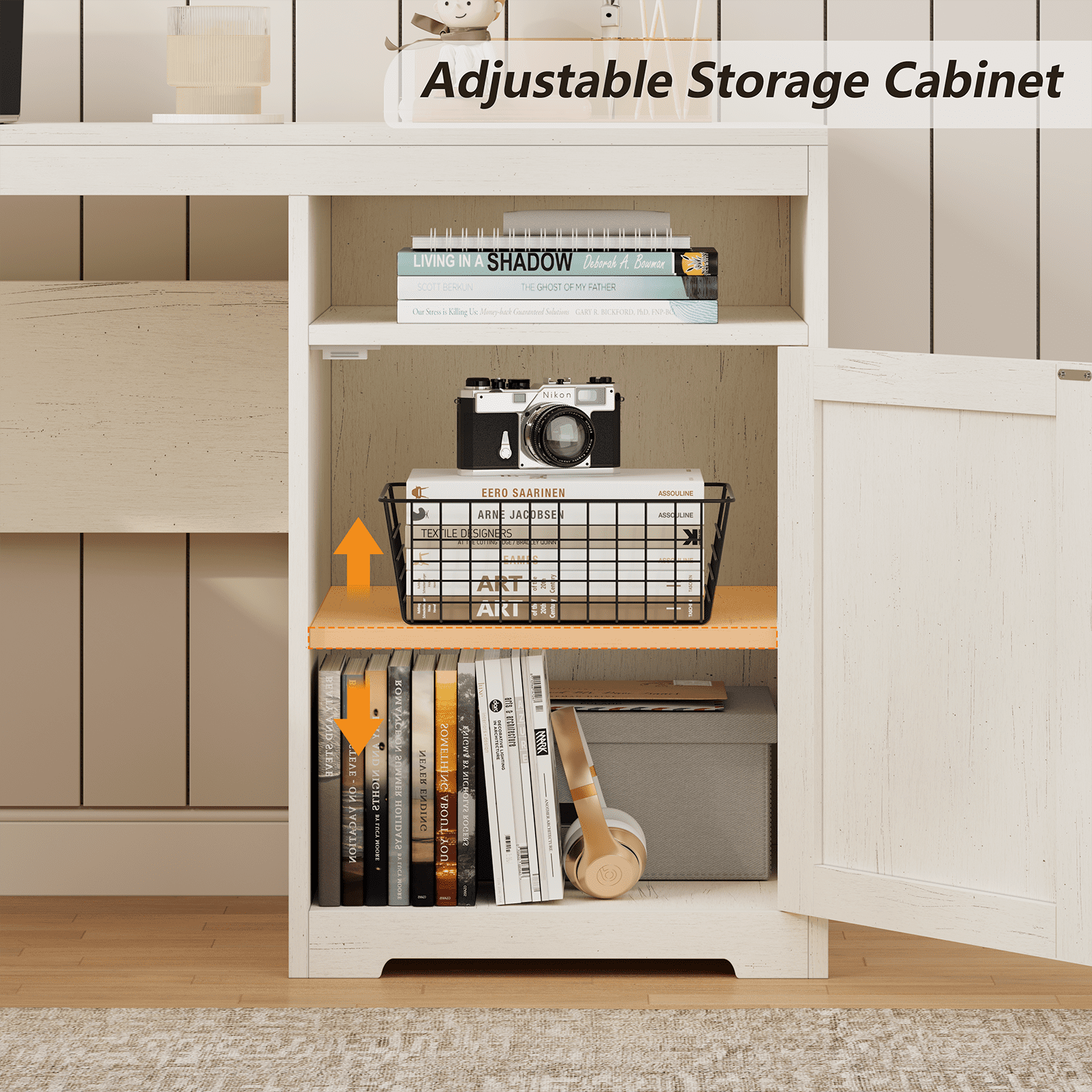 63" Farmhouse L Shaped Executive Desk with Drawers & Storage Shelf, Corner Computer Desk with Power Outlets, L Shaped Office Desk with Monitor Stand, Printer Shelf, White