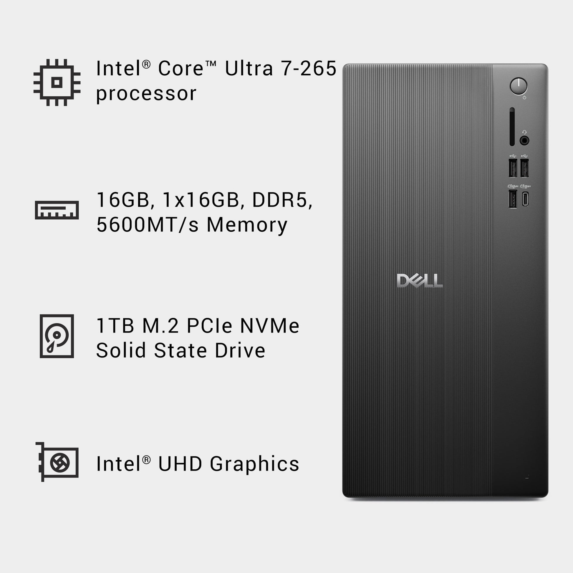 Dell Tower Desktop, Intel® Core™ Ultra 7, 16 GB, DDR5, 1 TB, Black, Windows 11 Home