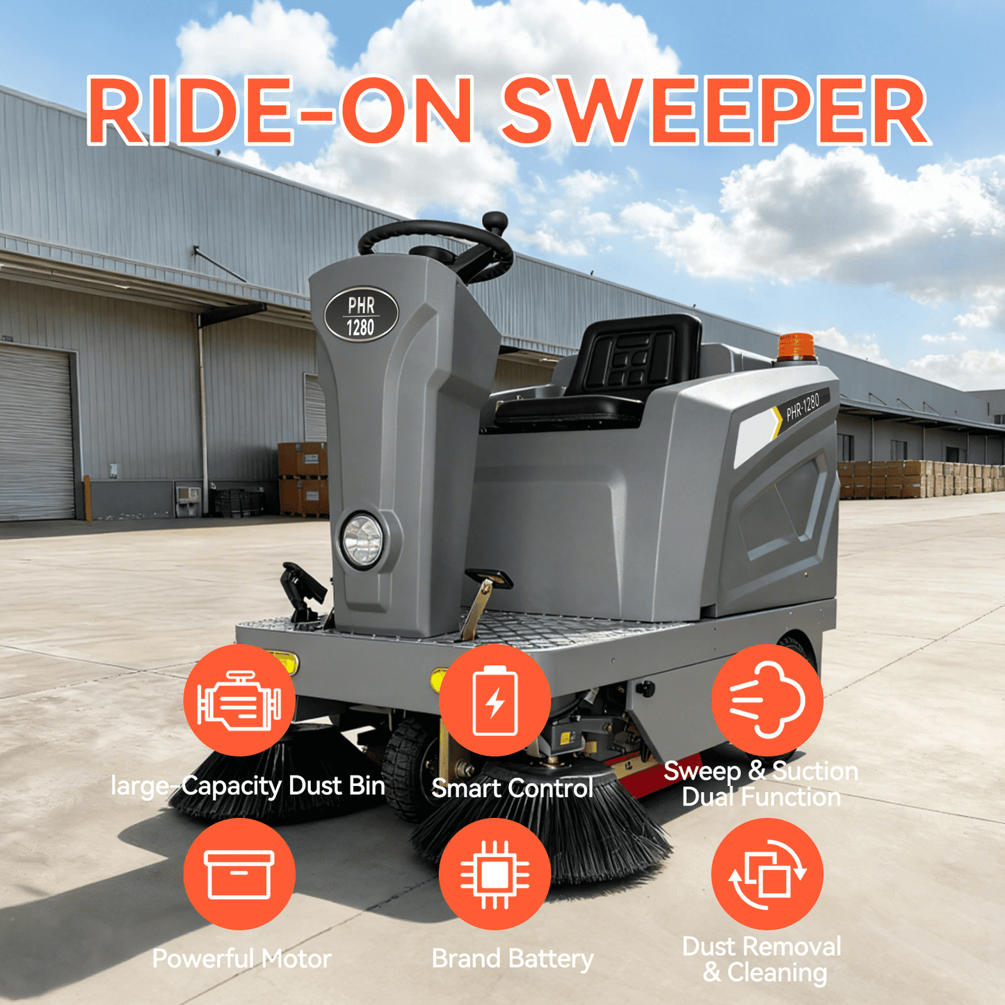 POHIR 50.4" Ride-On Industrial Floor Sweeper, 92,600 Sq Ft/H, 26.5 gal Hopper, 800W Brushless Motor, Commercial Cleaning Machine for Warehouse Factory Parking Lot