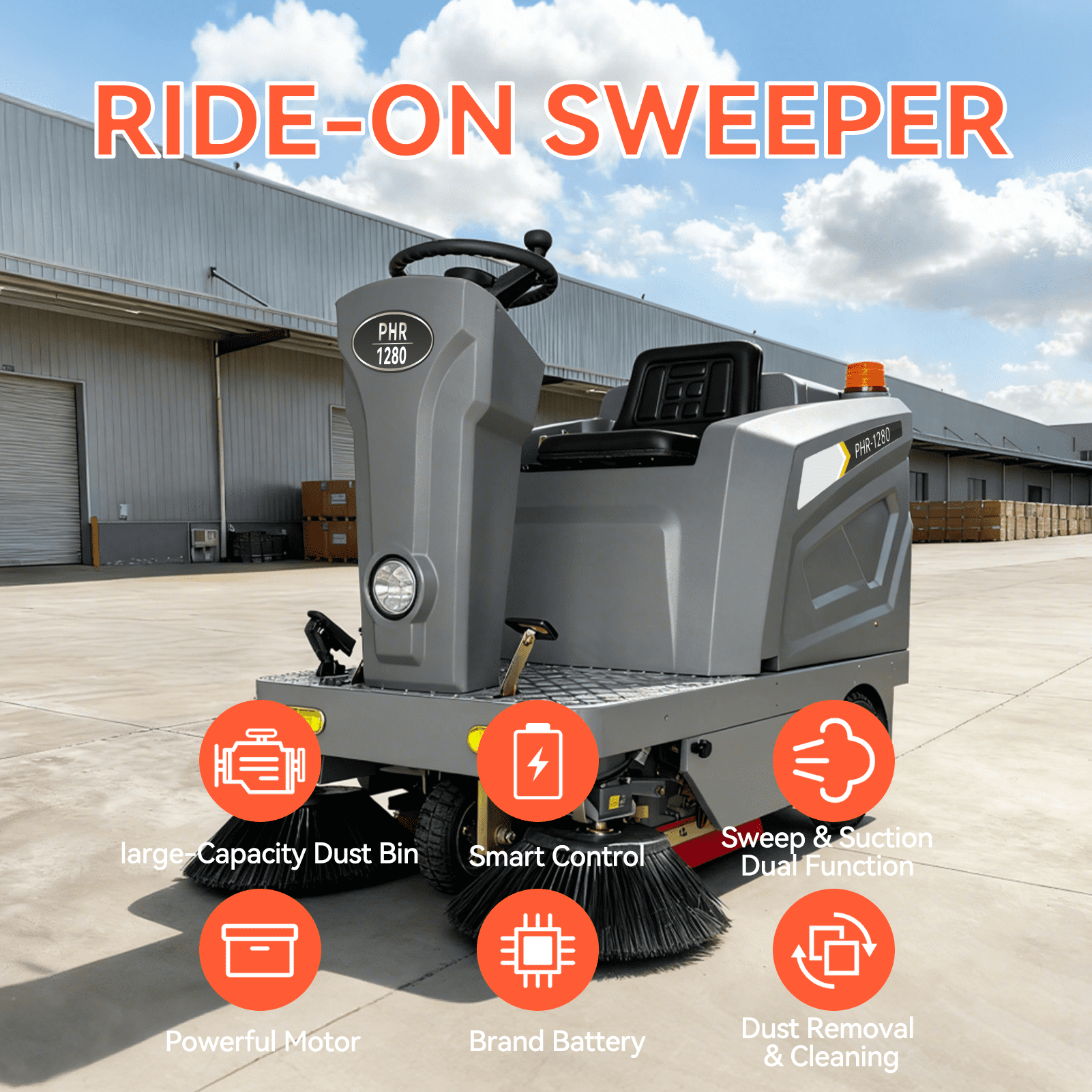 POHIR 50.4" Ride-On Industrial Floor Sweeper, 92,600 Sq Ft/H, 26.5 gal Hopper, 800W Brushless Motor, Commercial Cleaning Machine for Warehouse Factory Parking Lot