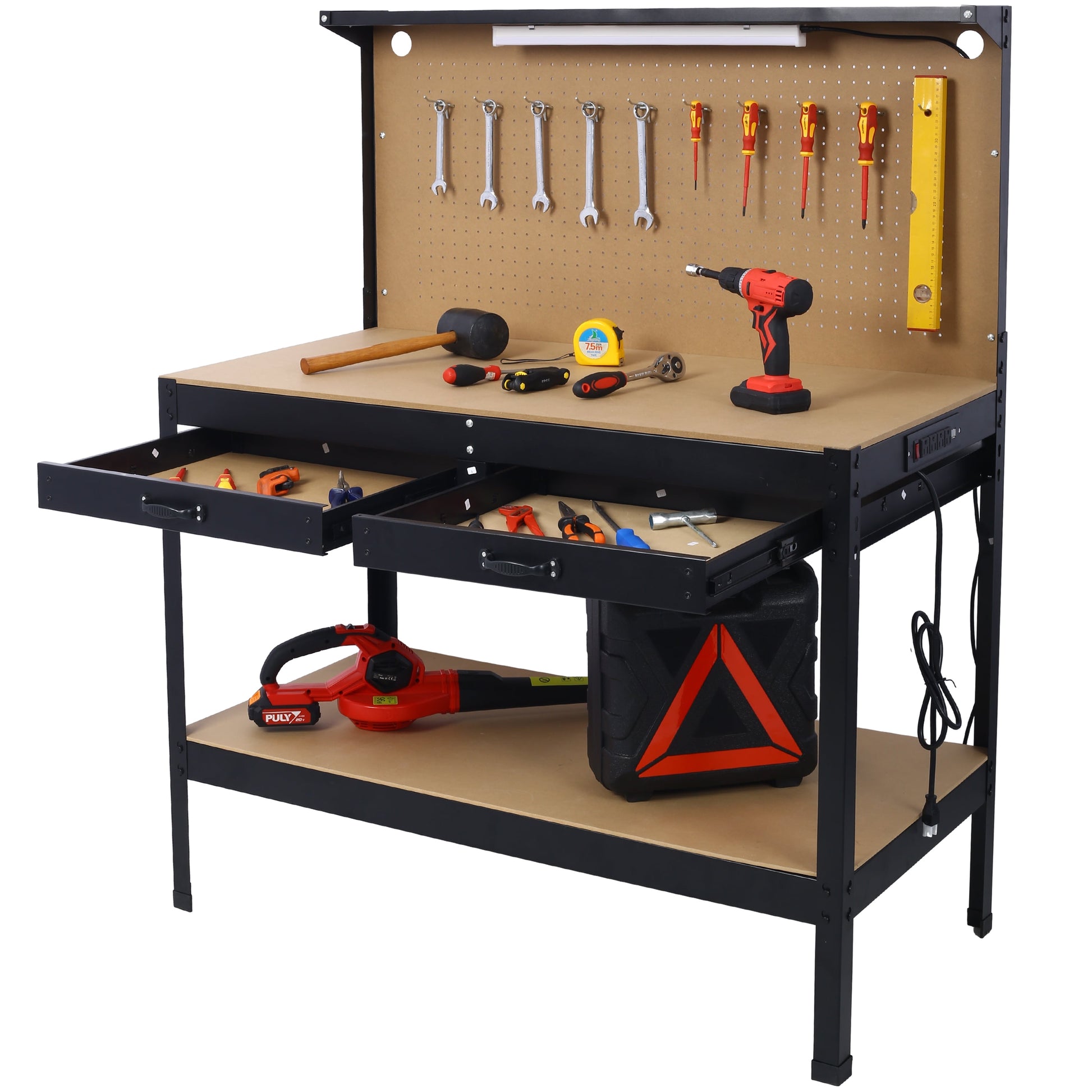 DUOSONG Steel Workbench Tool Storage Work Bench Workshop Tools Table W/Drawer And Peg Board ,4Xac Outlets 2Xusb Ports Black Steel Other