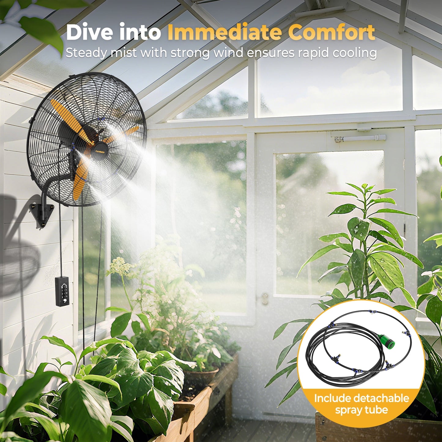 CAMMOO 24" Oscillating Misting Wall Mount Fan with 600D Oxford Cover, 3-Speed IP44 Waterproof High Velocity Industrial Commercial Outdoor Misting Fan for Covered Patio, Greenhouse, Garage