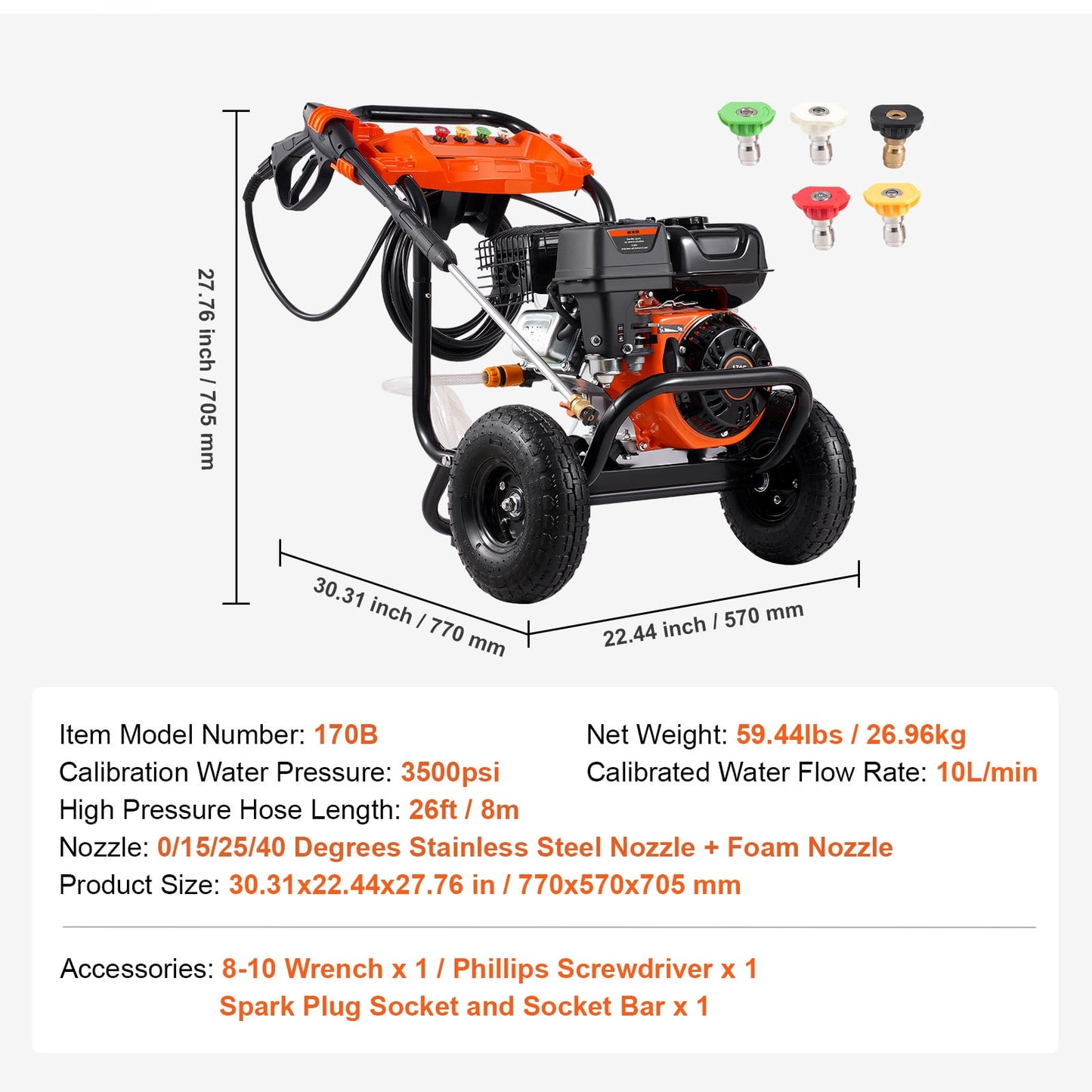 KFFKFF Gas-Powered Pressure Cleaner, 3500 PSI 2.6 GPM, Aluminum Pump Equipped Pressure Washer, Spray Gun and Extension Wand Included, Set of 5 Nozzles, Suitable for Vehicles, Fences, Residences