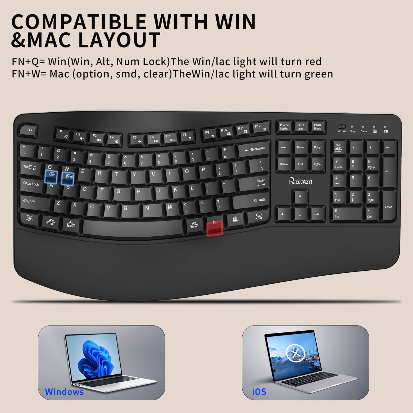 RECCAZR Advanced Combo Wireless Keyboard and Mouse, Wave Keys Ergonomic Keyboard with Wrist Rest and 3-Level DPI Adjustable Wireless Ergonomic Mouse for Windows, Mac OS Desktop/Laptop/PC(Black)