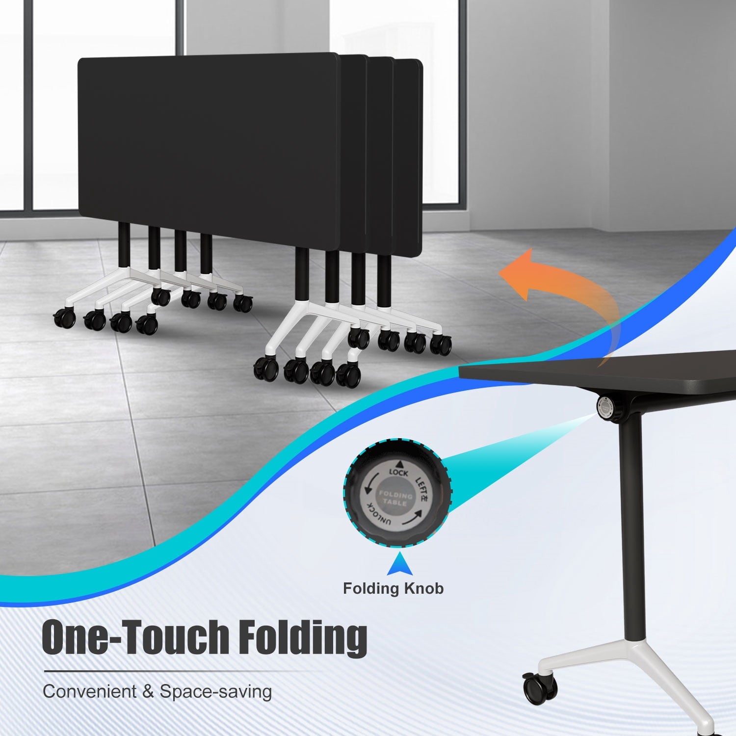 Folding Conference Table with Wheels, Modular Flip Top Meeting Desk, Commercial Training Table for Office Classroom(8,Black 2,61" D X 19.6" W X 29.5" H)