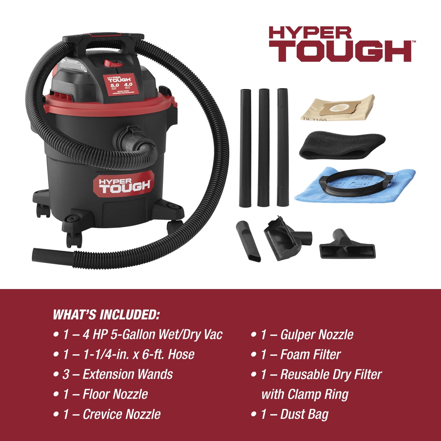 Hyper Tough 5 Gallon 4 HP Wet Dry Vacuum for Home, Car, Garage & Workshop