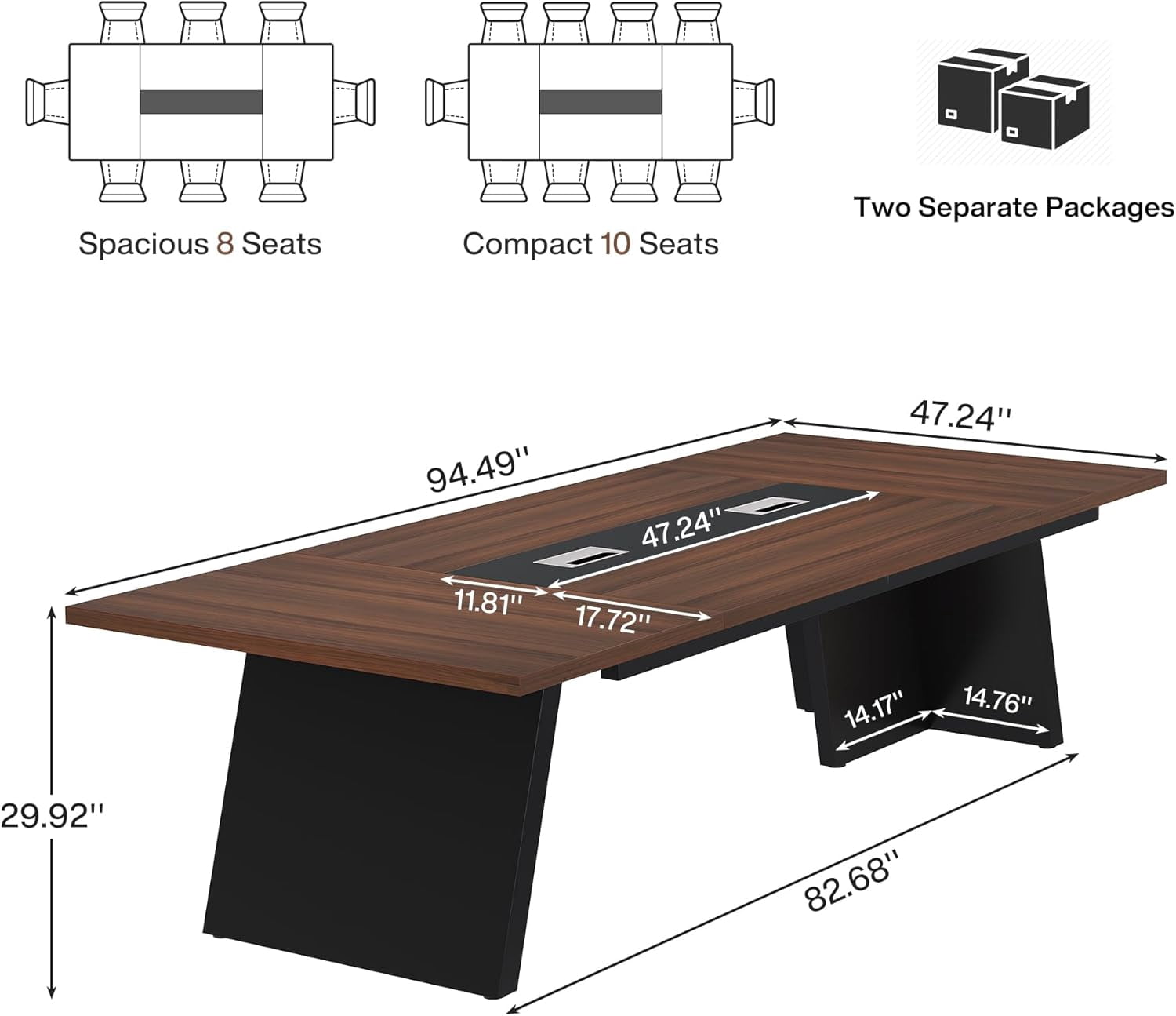 Tribesigns 8ft Conference Room Table, Modern Meeting Desk with Cable Management, Large Conference Table Business Seminar Furniture for Boardroom, Walnut and Black, 1PC