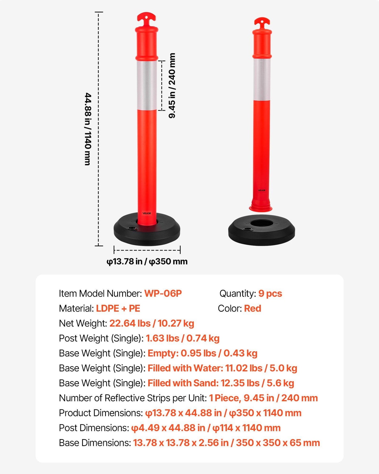 9-Pack of 48-Inch Fillable Safety Cones with Reflective Strips – Heavy Duty Traffic Delineator Posts for Construction, Parking, and Event Crowd Control, Red