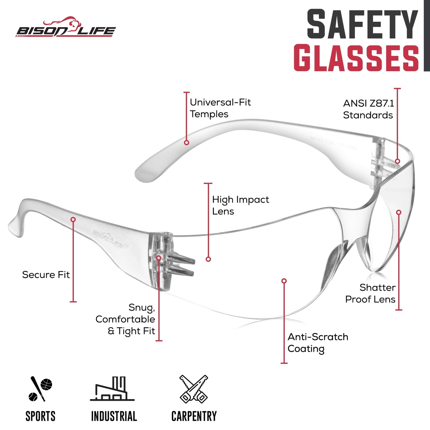 Bison Life Clear Safety Glasses, Pack of 12, ANSI Z87.1 Scratch & Impact Resistant, Polycarbonate Lens, One Size, Wrap Around Eyewear