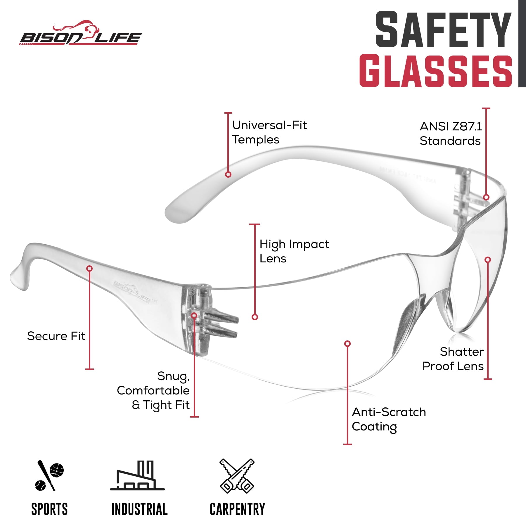 Bison Life Clear Safety Glasses, Pack of 12, ANSI Z87.1 Scratch & Impact Resistant, Polycarbonate Lens, One Size, Wrap Around Eyewear