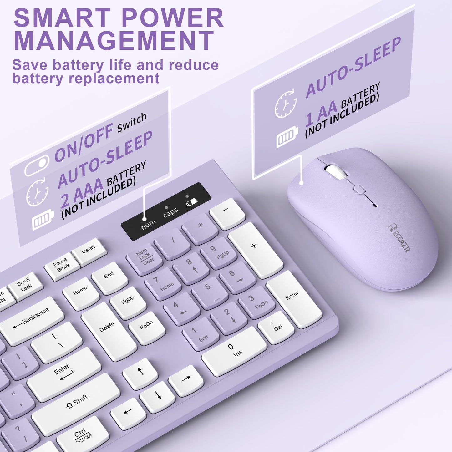 RECCAZR Wireless Keyboard and Mouse Combo , 2.4G Full Size, 12 Multimedia and Shortcut Keys, 3-Year Battery Life, for Windows, Mac OS Desktop/Laptop/PC(Purple)